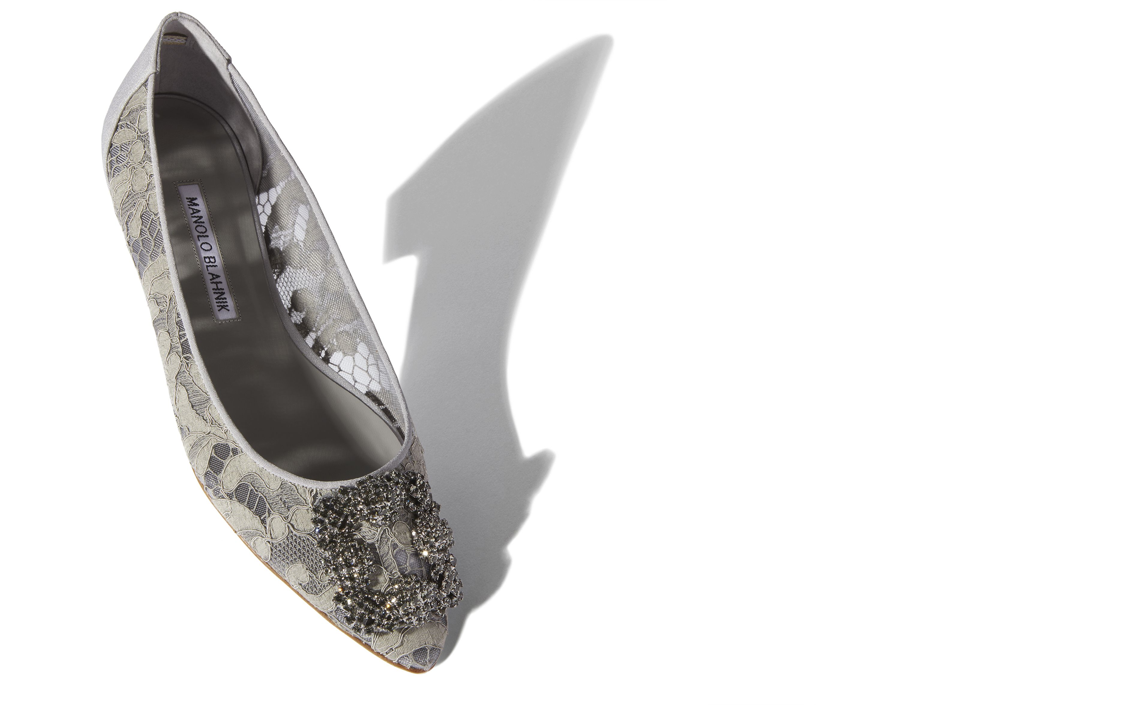 Designer Grey Lace Jewel Buckle Flat Pumps - Image Main
