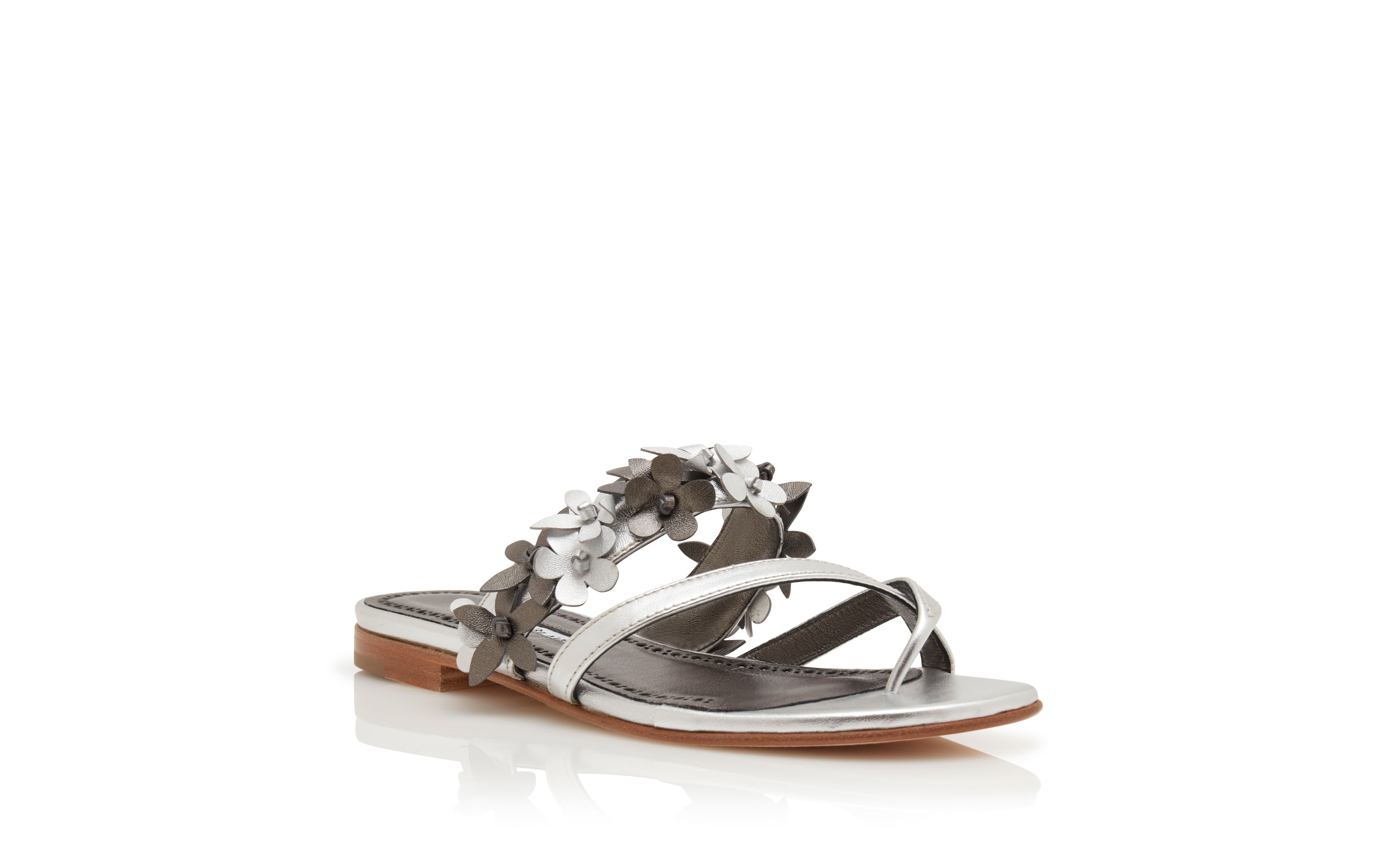 Designer Silver Nappa Leather Flat Sandals - Image Upsell
