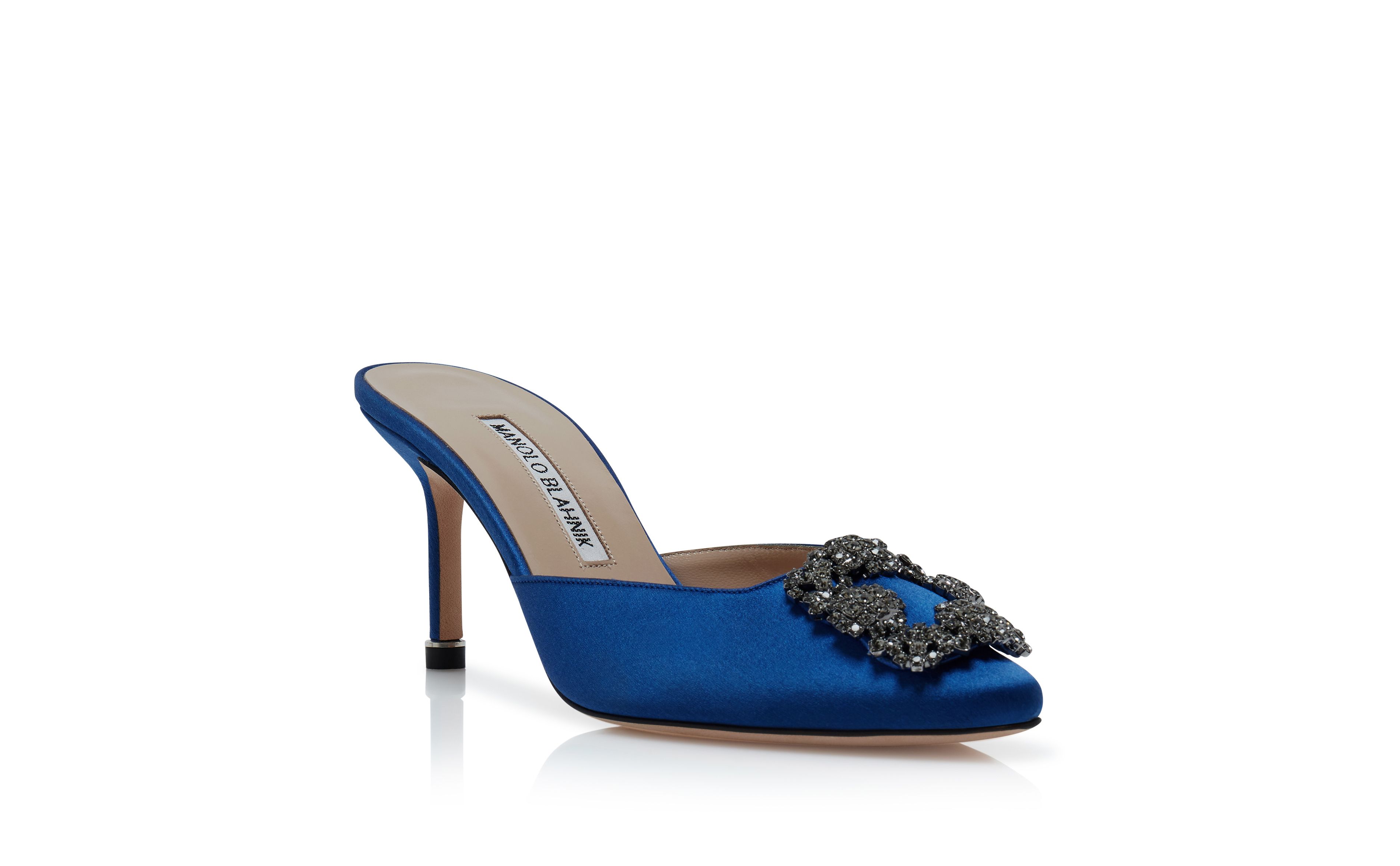 Designer Blue Satin Jewel Buckle Mules - Image Upsell