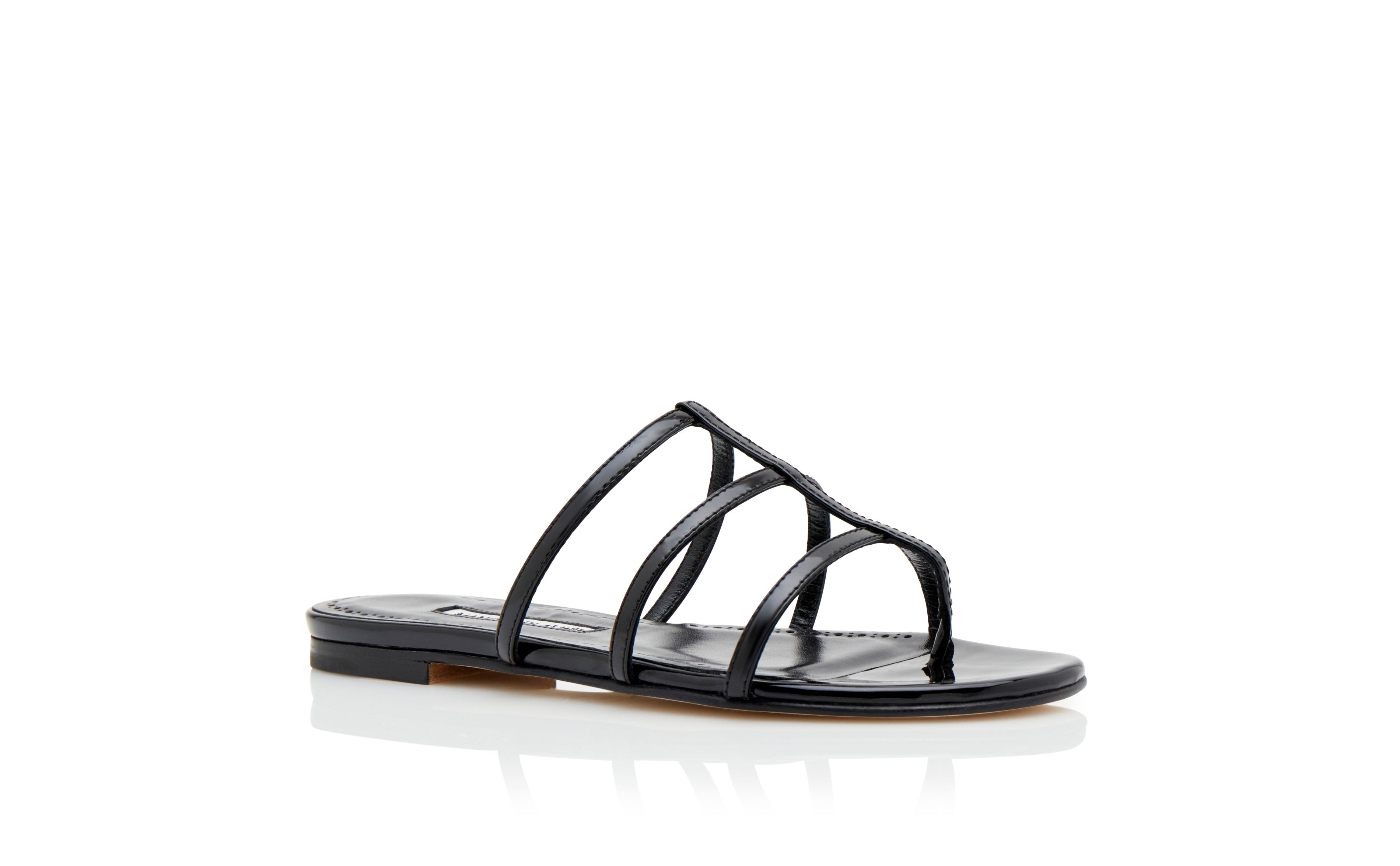 Designer Black Patent Leather Strappy Flat Sandals  - Image Upsell