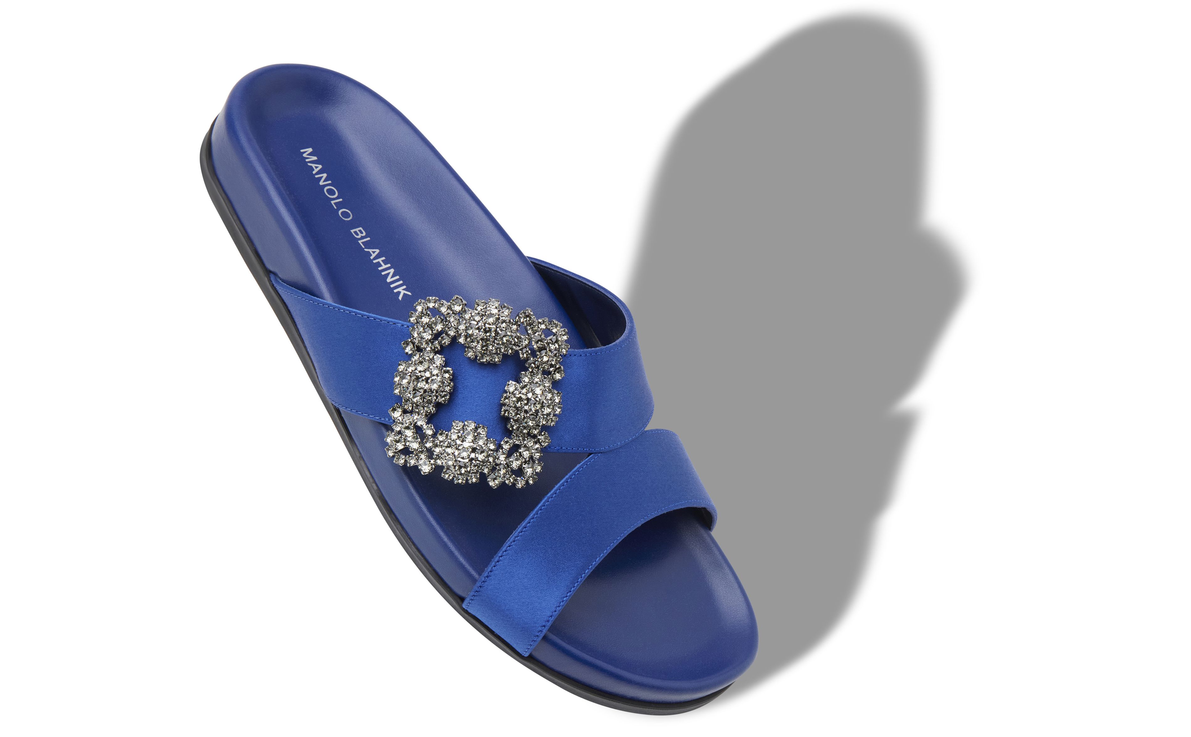 Designer Blue Satin Jewel Buckle Flat Mules - Image Main