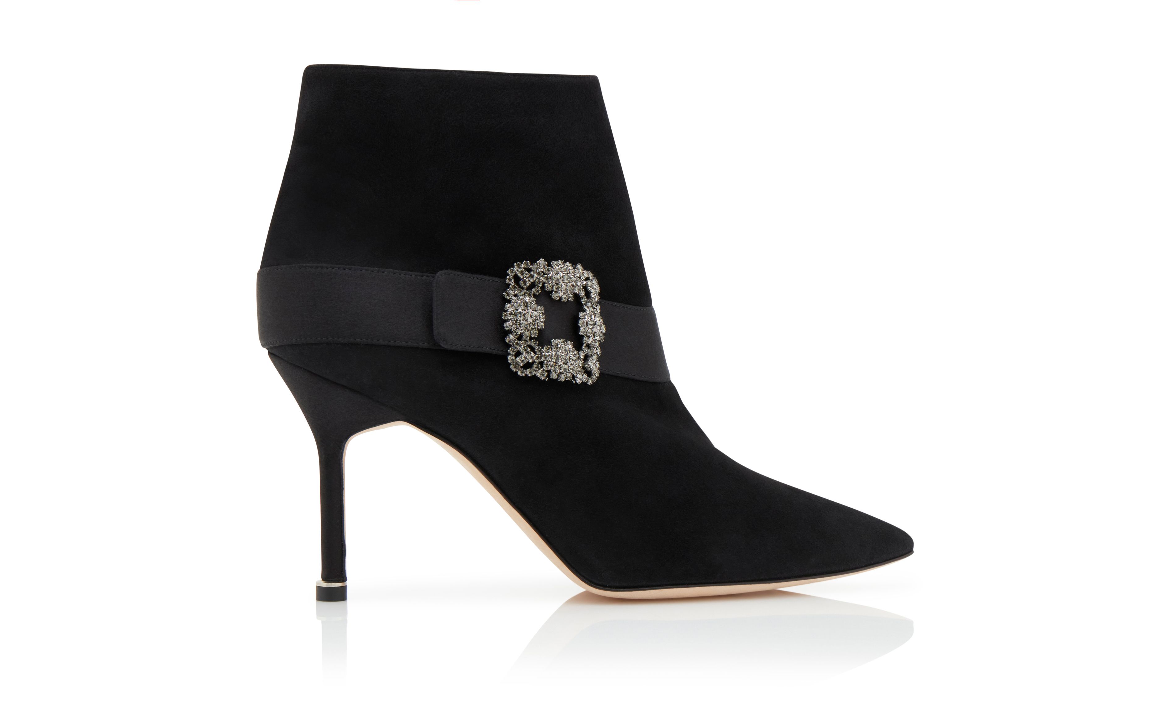 PLINIANU | Black Suede Jewel Buckle Ankle Boots | Manolo Blahnik