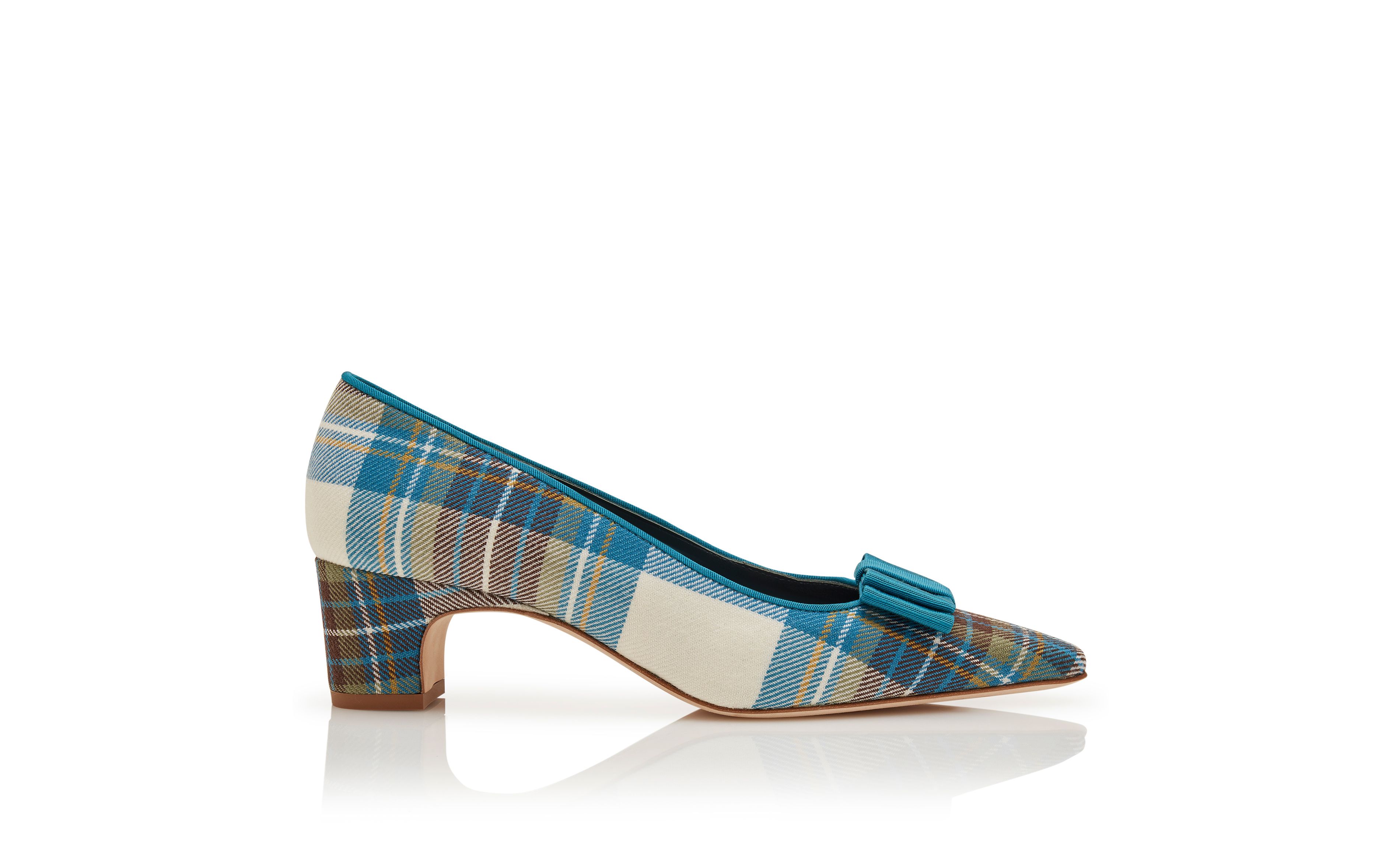 Designer Blue Wool Tartan Bow Detail Pumps - Image Side View