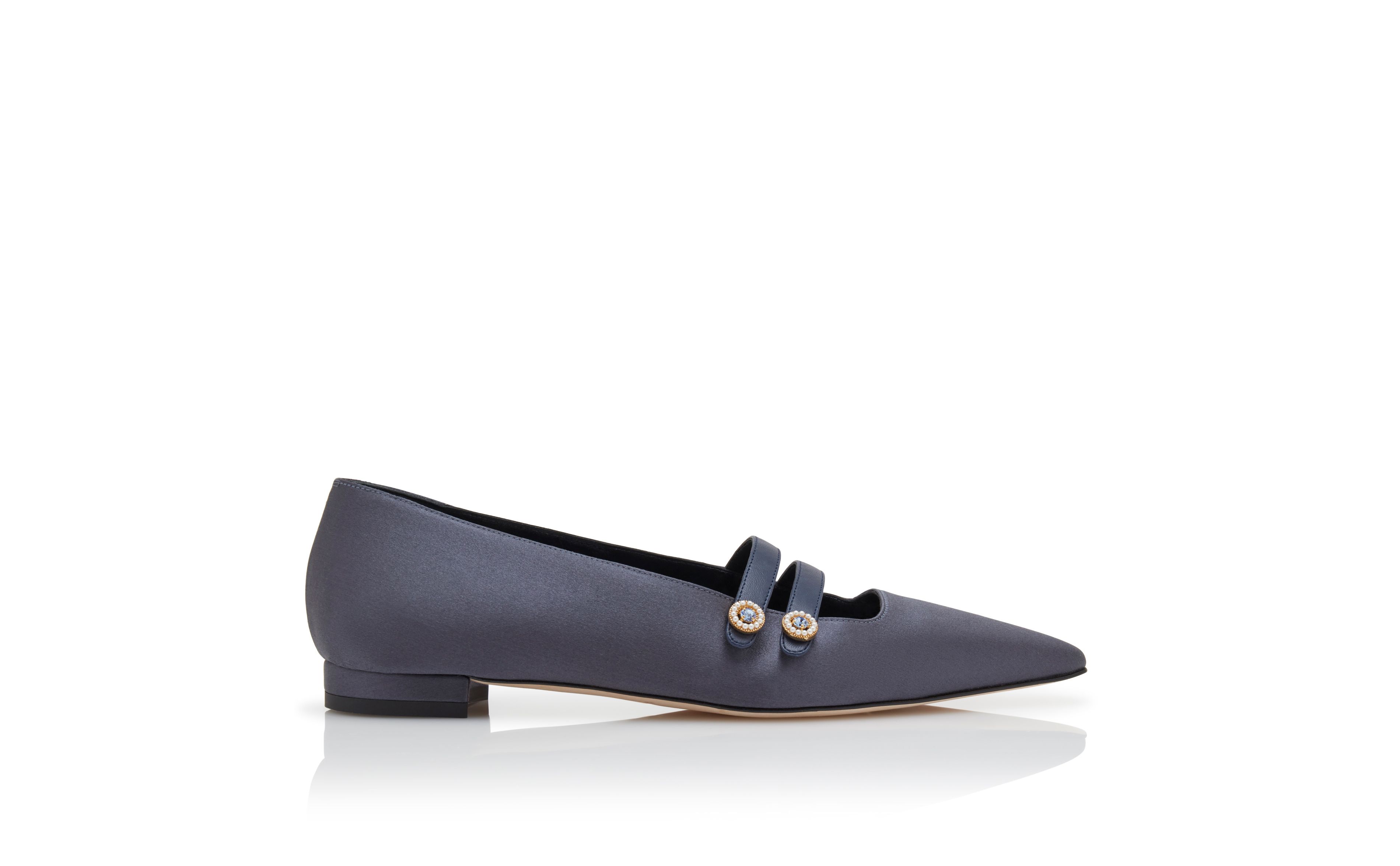 Designer Navy Blue Satin Embellished Flat Pumps - Image Side View