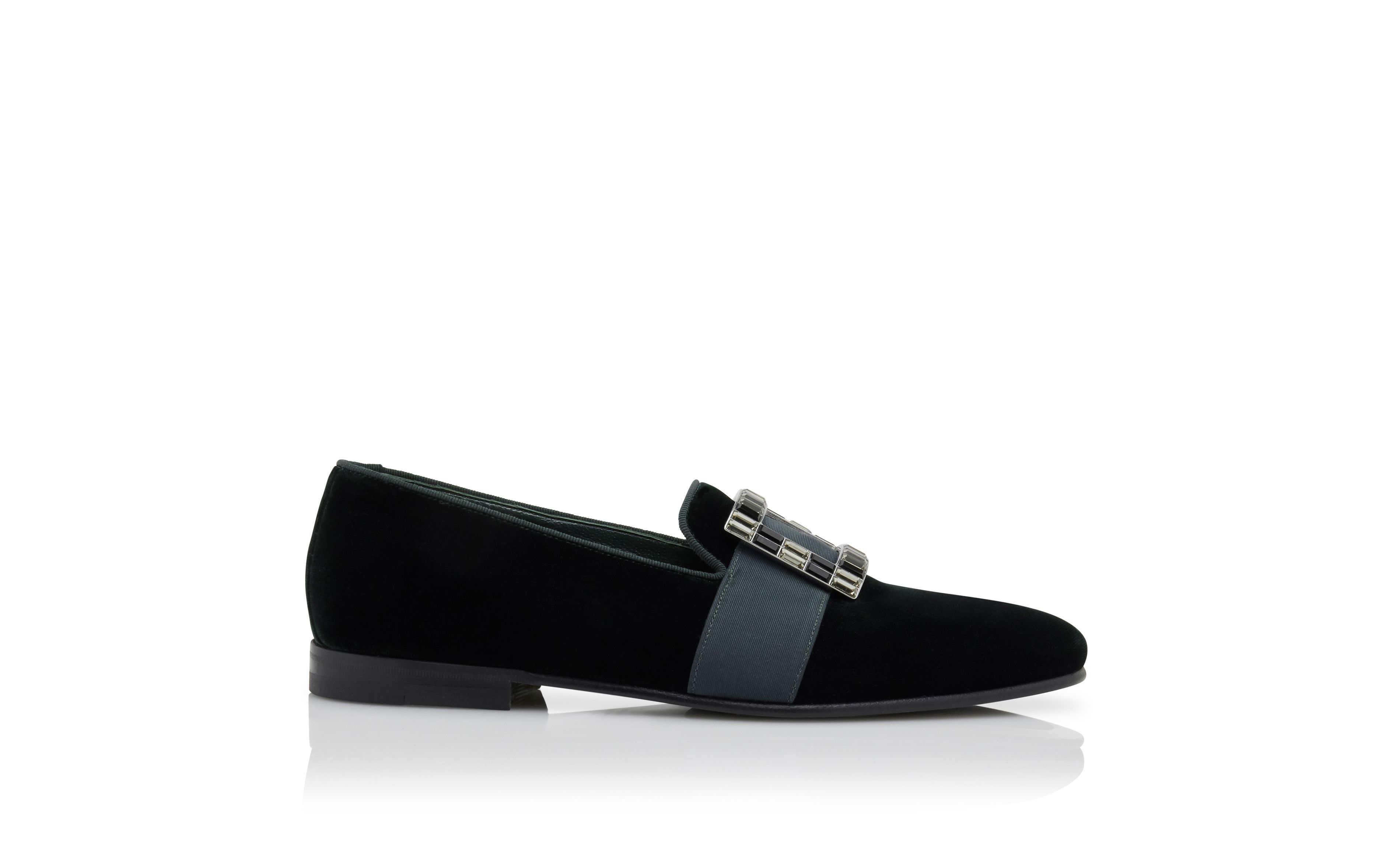 Designer Dark Green Velvet Buckled Loafers - Image Side View