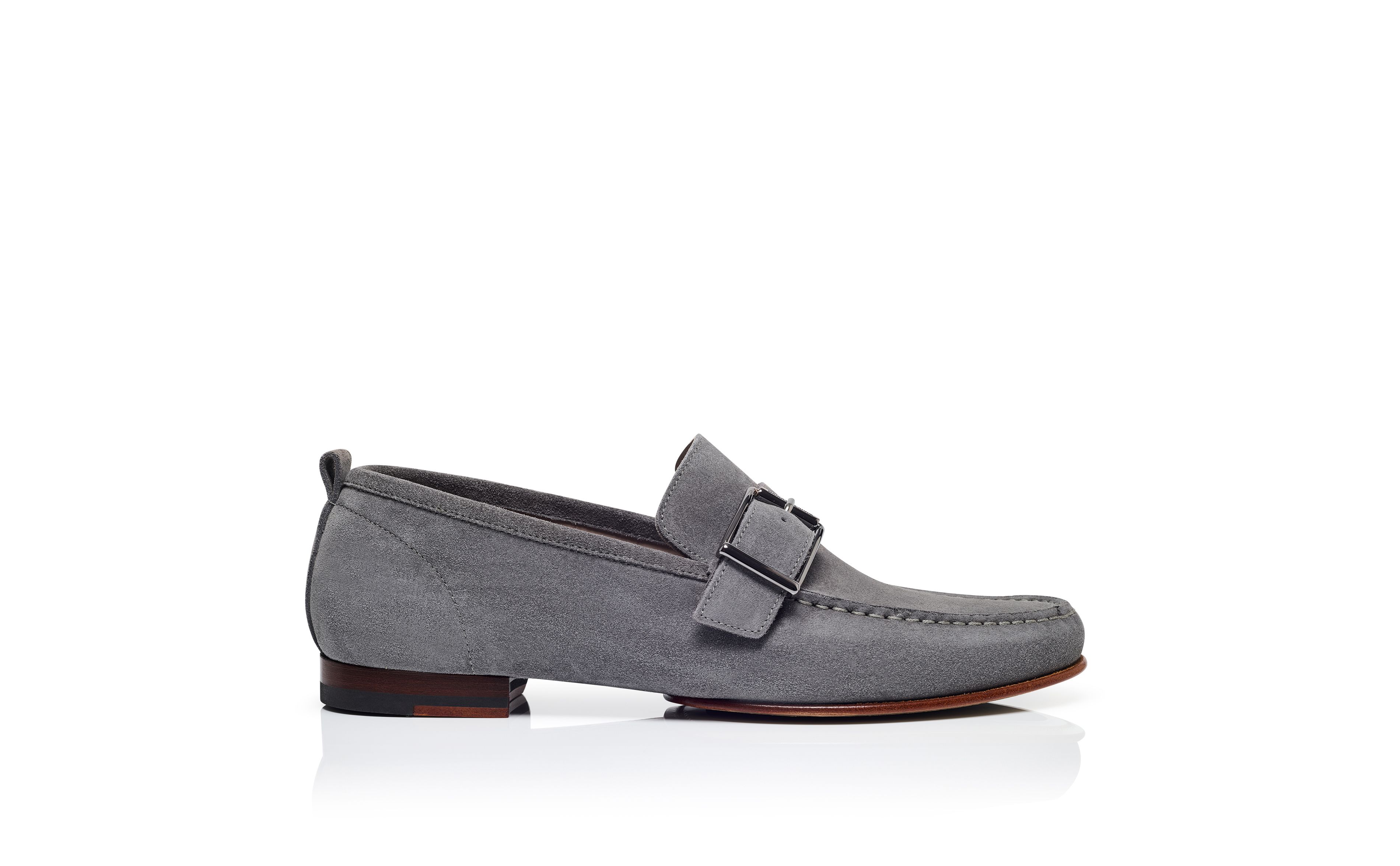 Designer Grey Suede Buckle Slippers - Image Side View