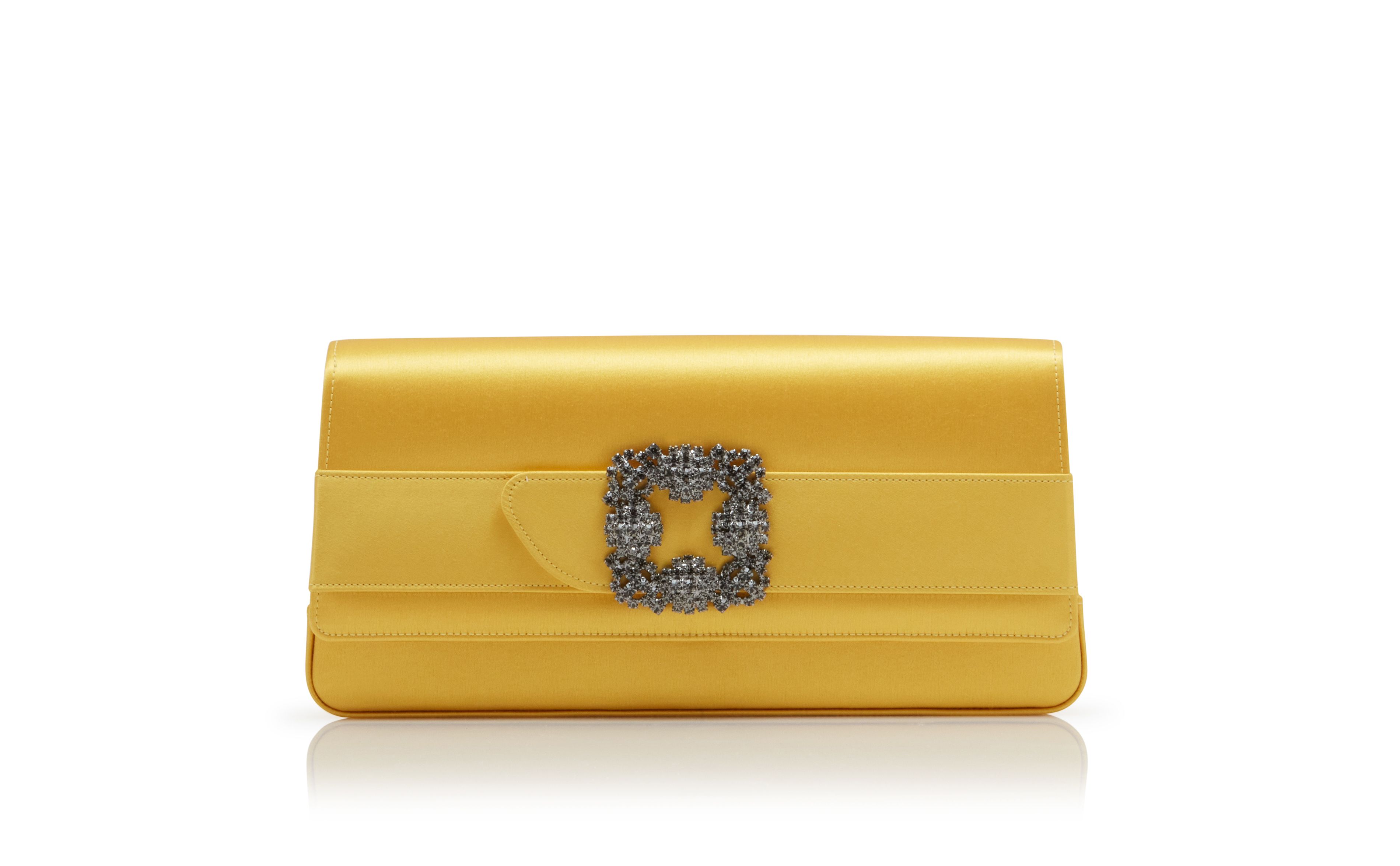 Designer Yellow Satin Jewel Buckle Clutch - Image Side View