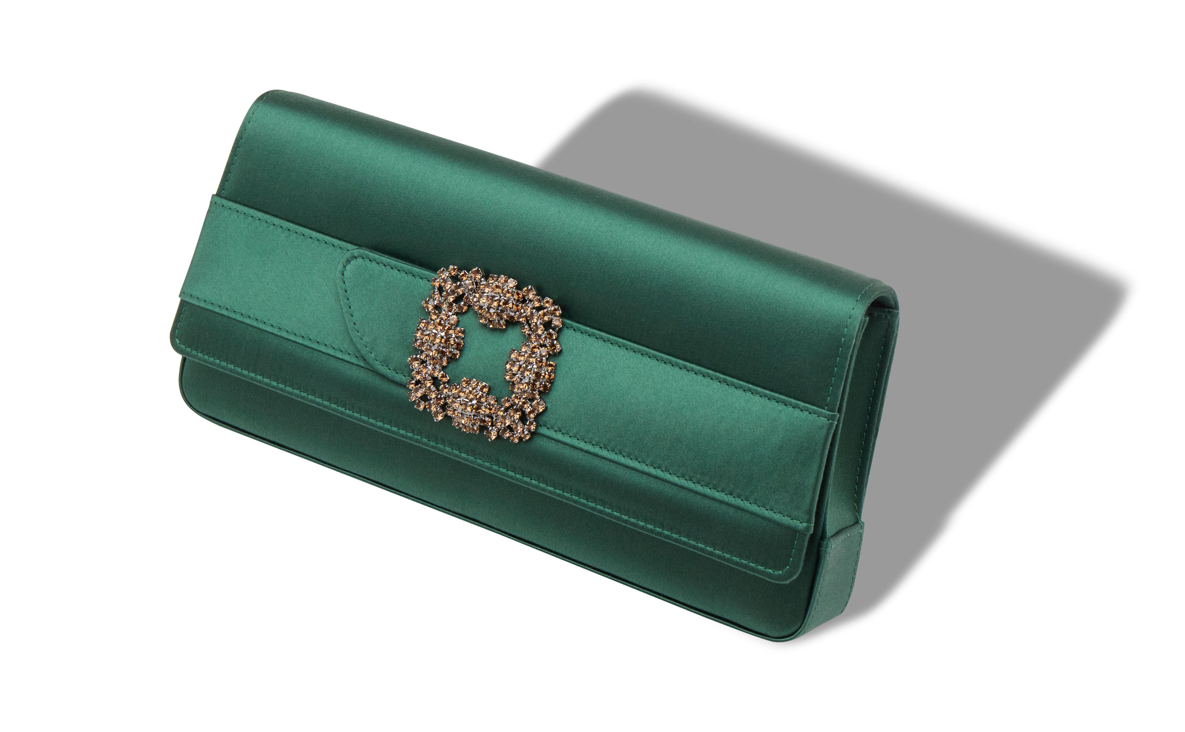 Designer Dark Green Satin Jewel Buckle Clutch - Image Main