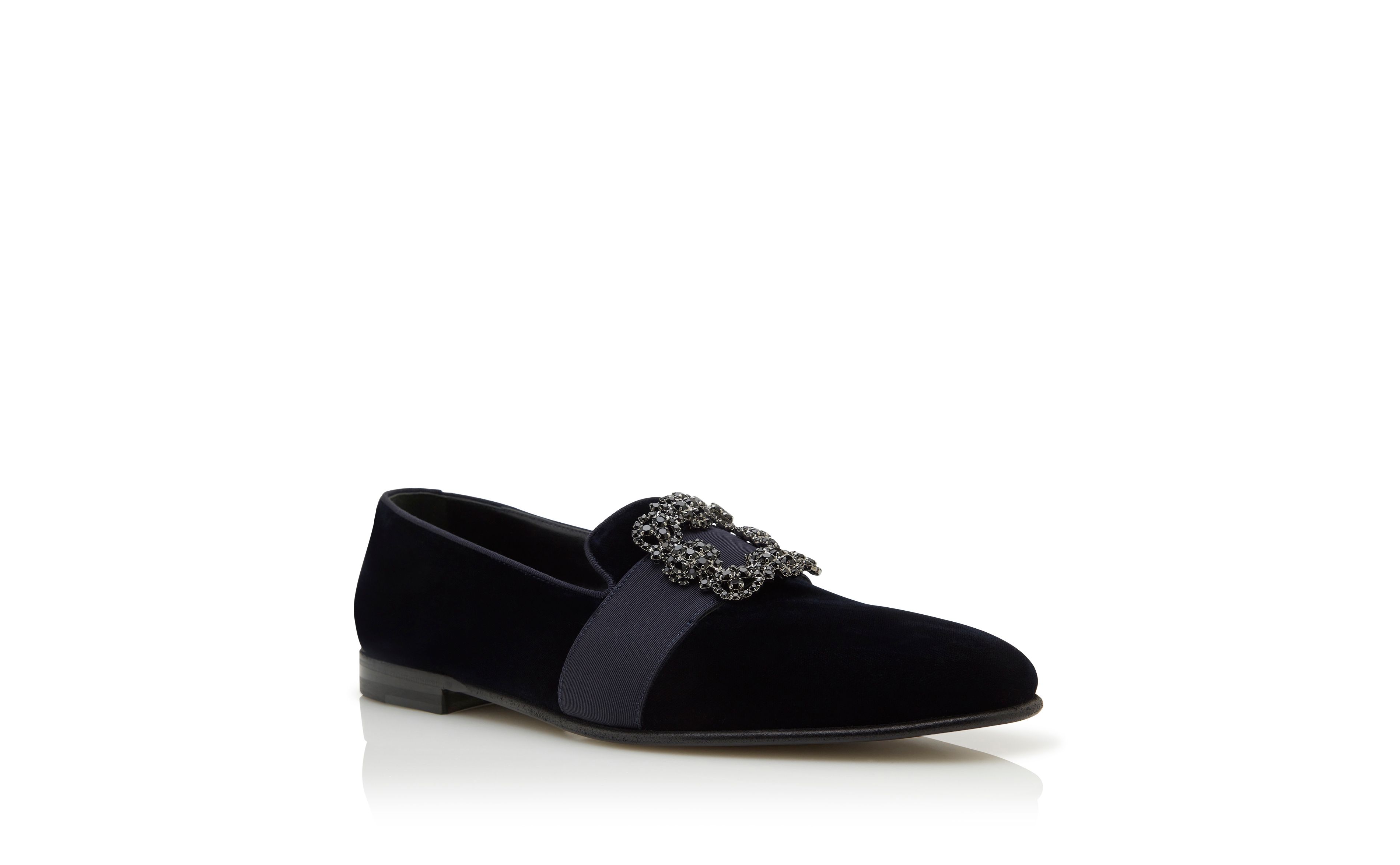 Designer Dark Blue Velvet Jewelled Buckle Loafers - Image Upsell