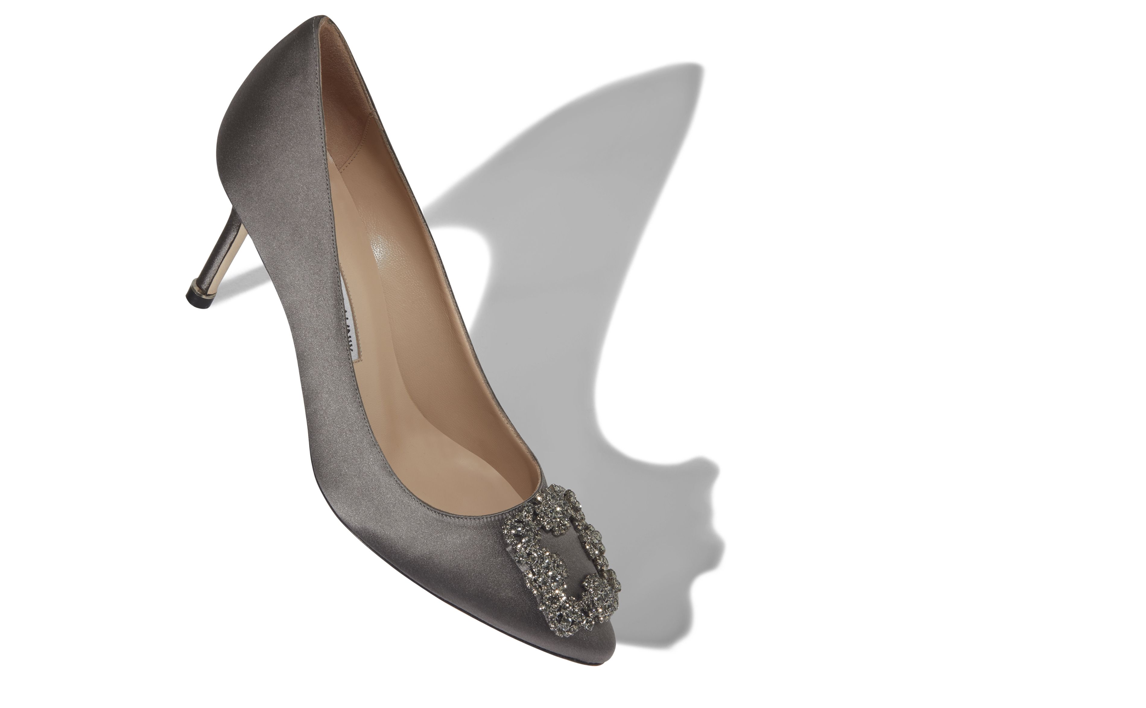 Designer Dark Grey Satin Jewel Buckle Pumps - Image Main