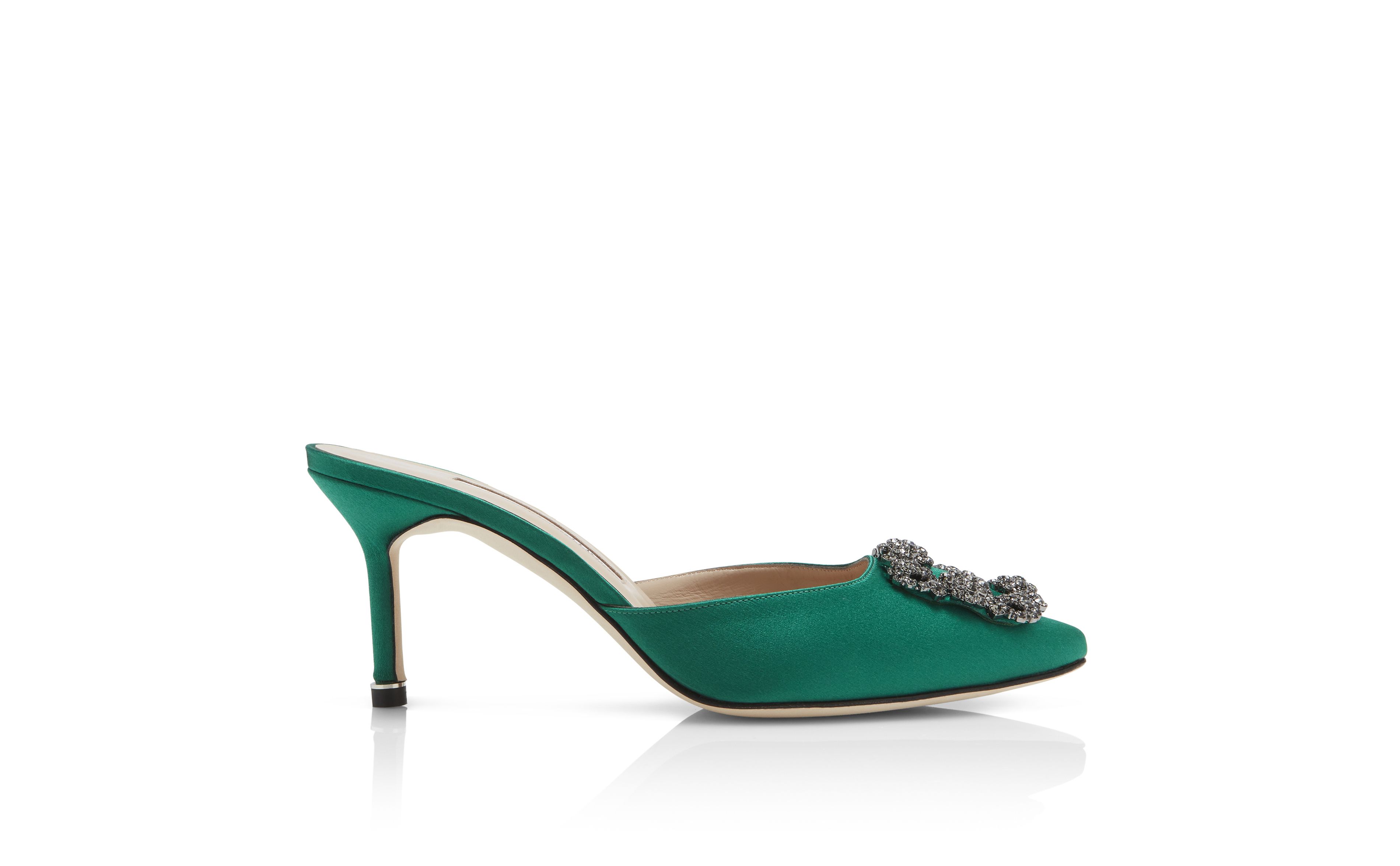 Designer Green Satin Jewel Buckle Mules - Image Side View