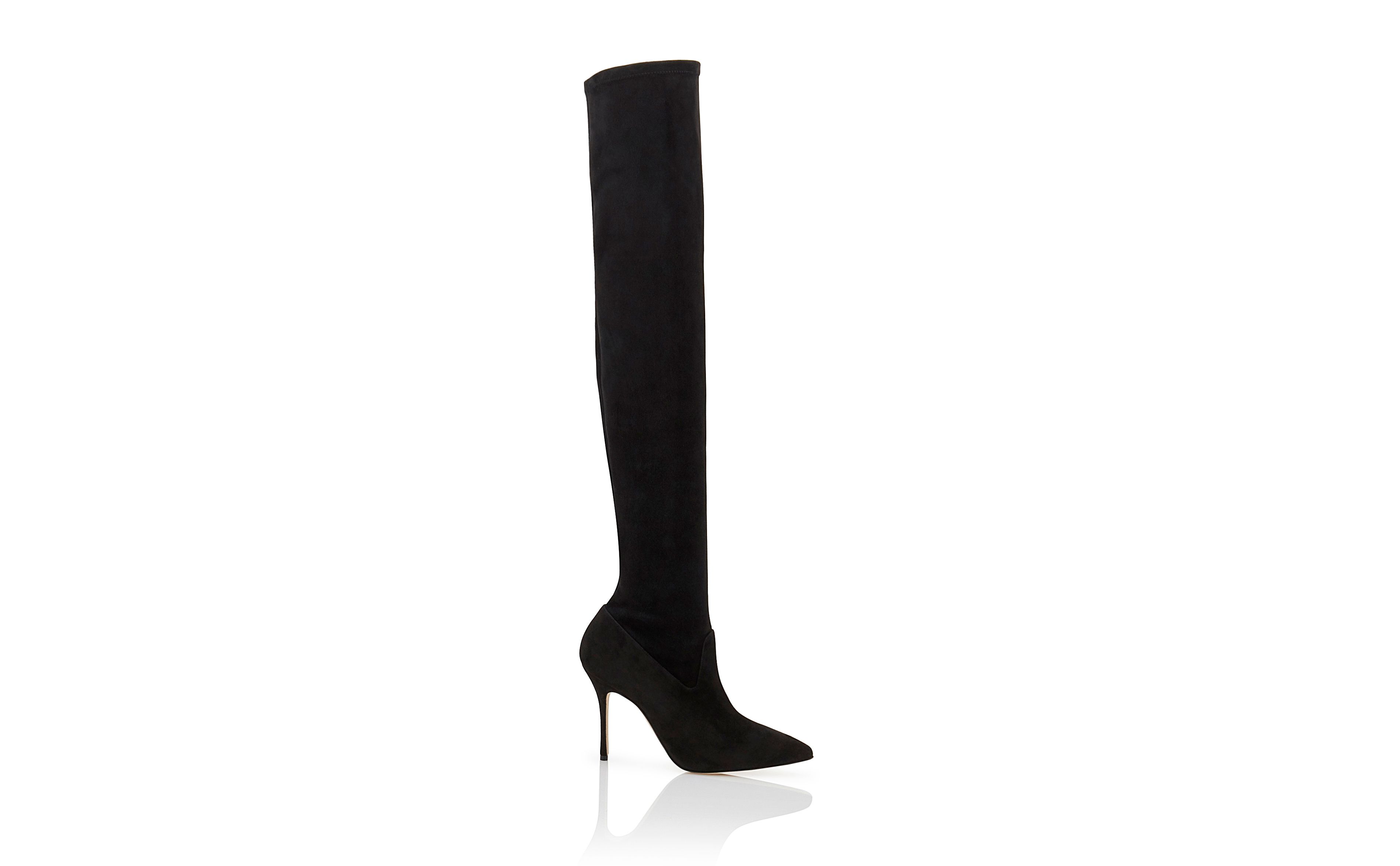 Designer Black Suede Fitted Thigh High Boots - Image thumbnail