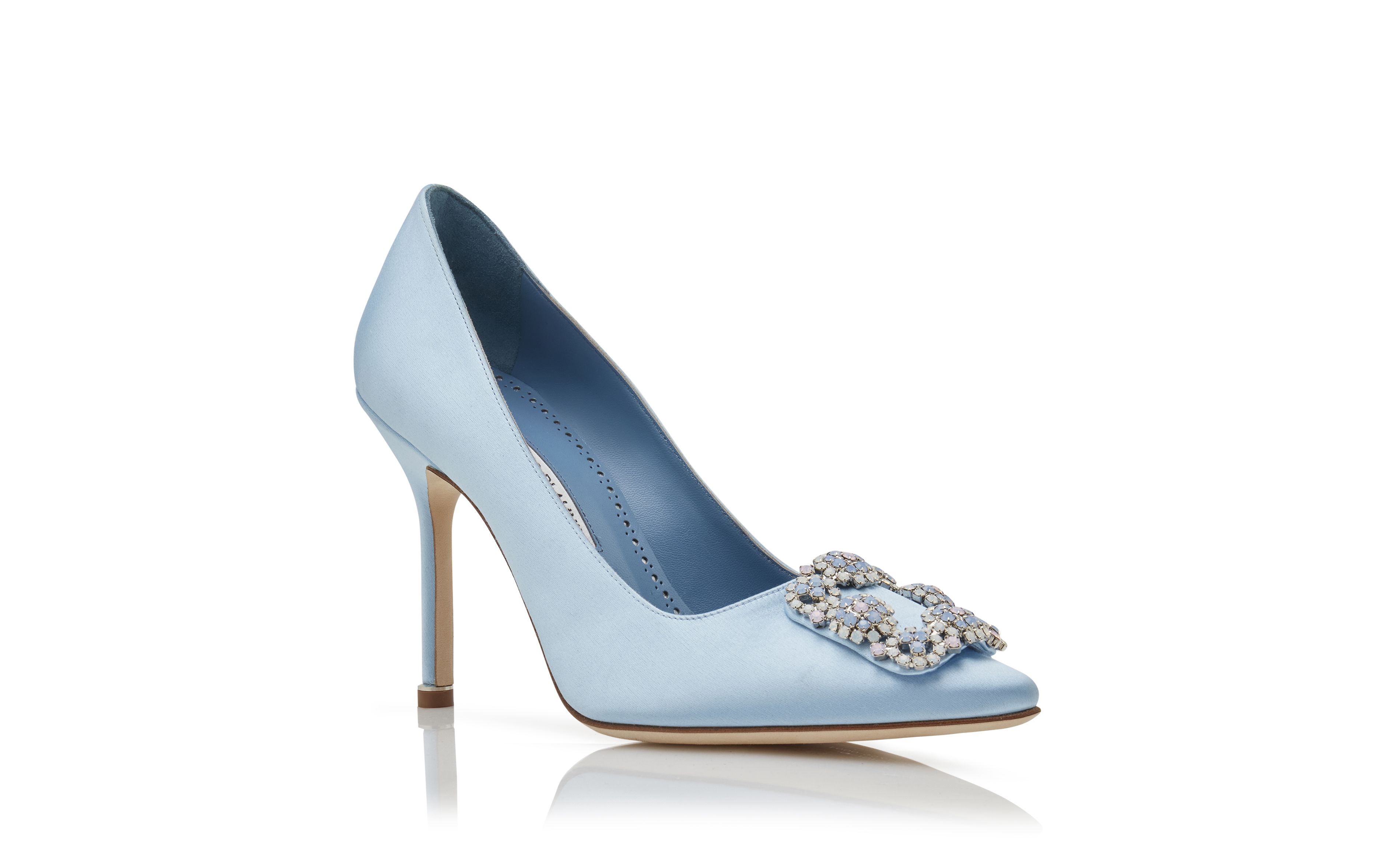 Designer Light Blue Satin Jewel Buckle Pumps - Image Upsell