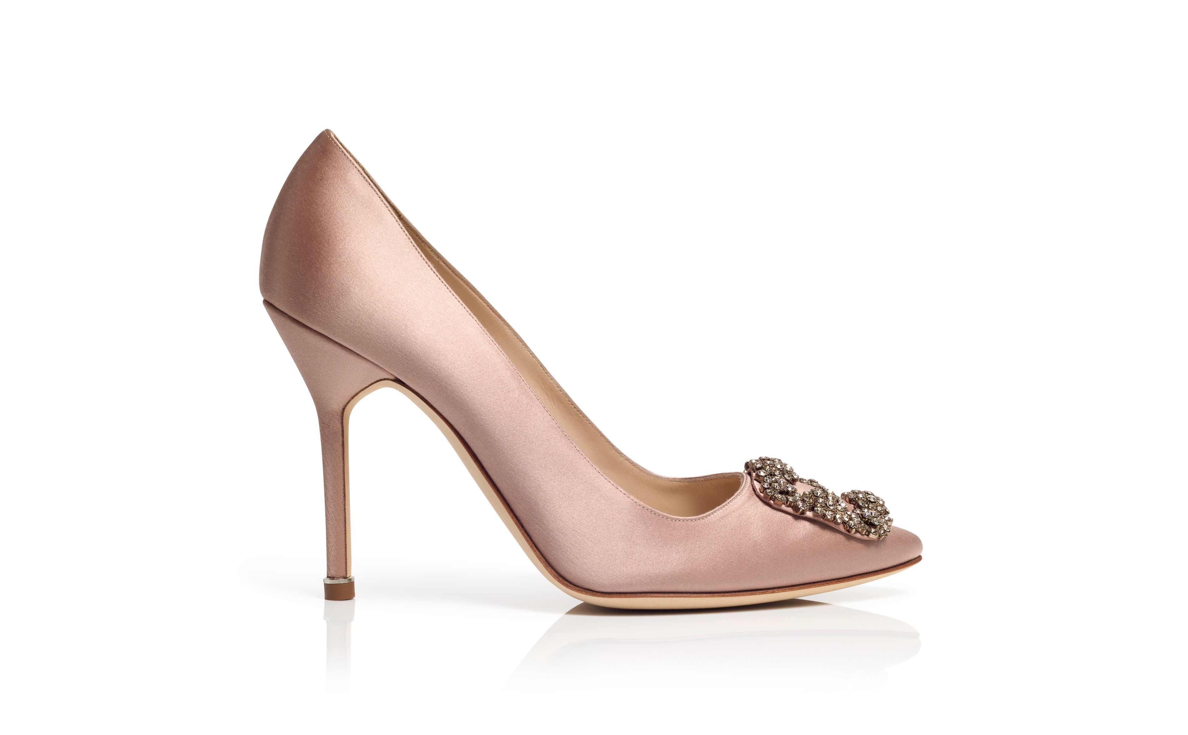 Designer Beige Satin Jewel Buckle Pumps - Image Side View