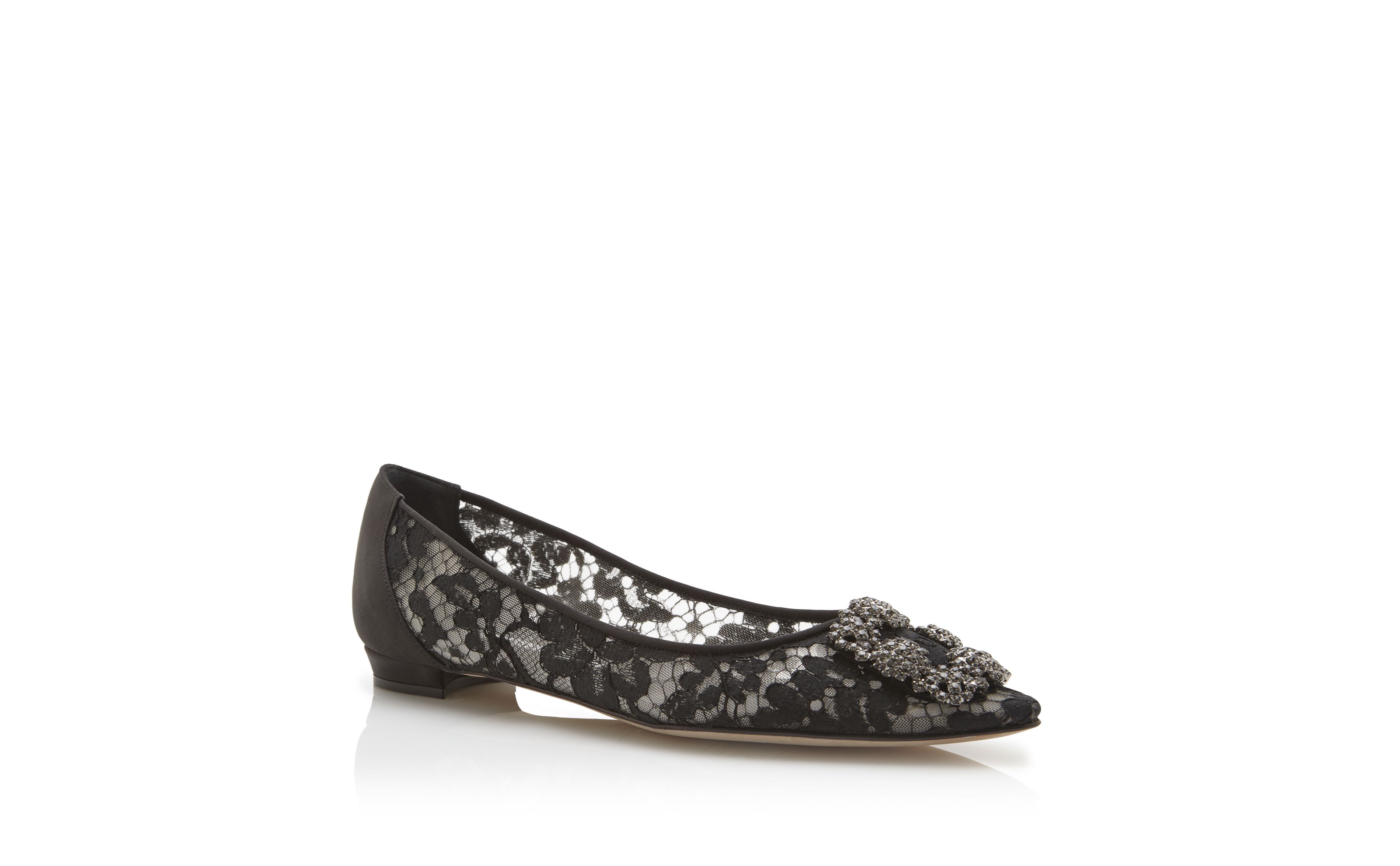 Designer Black Lace Jewel Buckle Flat Pumps - Image Upsell