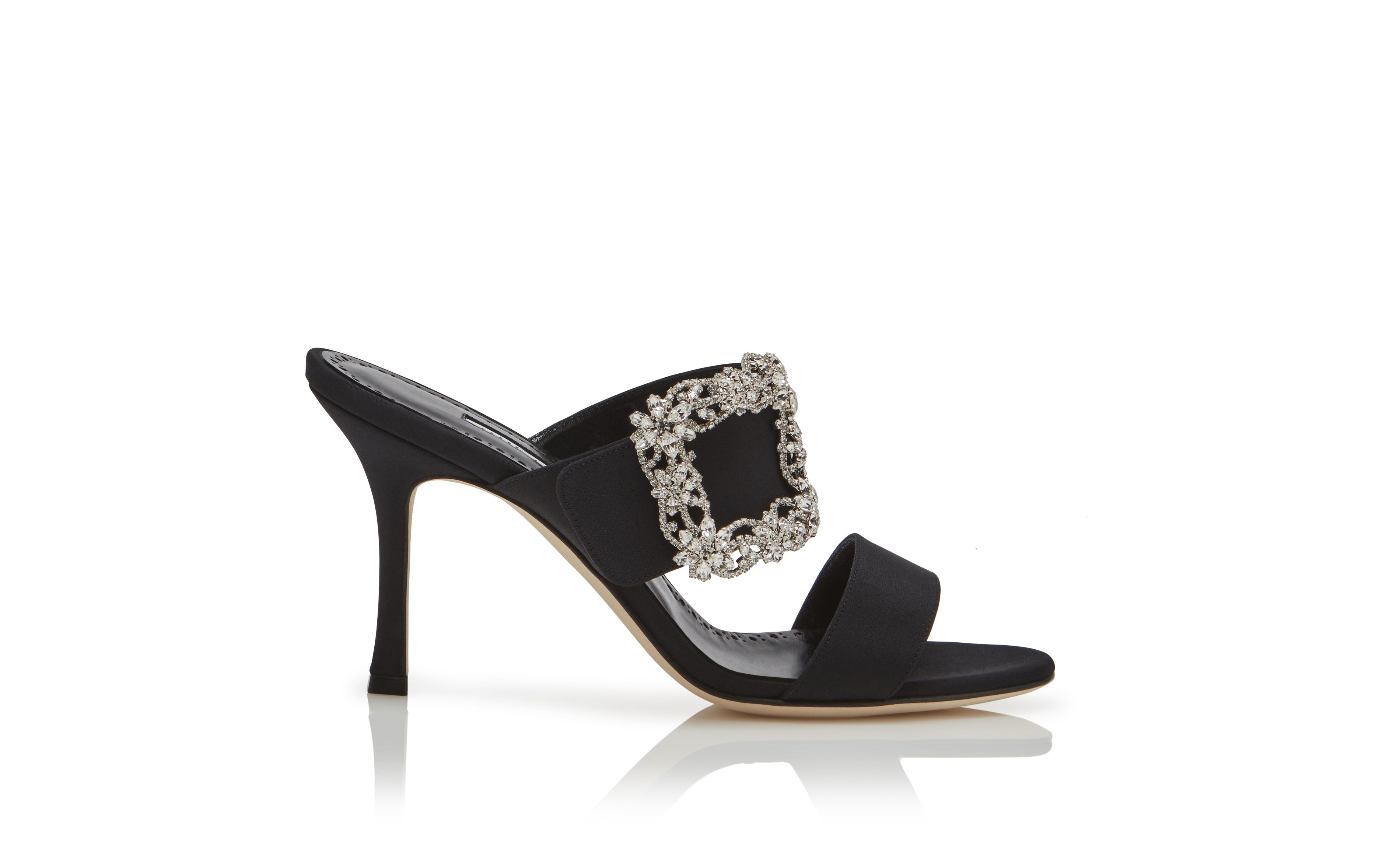 Designer Black Crepe de Chine Jewel Buckle Mules - Image thumbnail