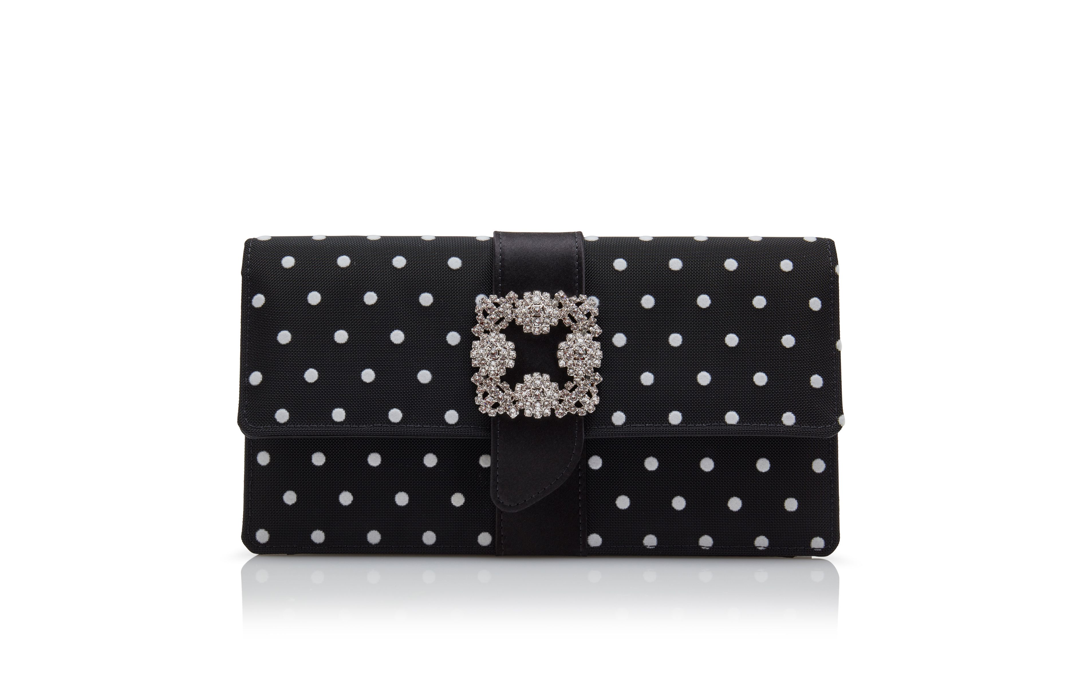 Designer Black and White Satin Jewel Buckle Clutch - Image Side View