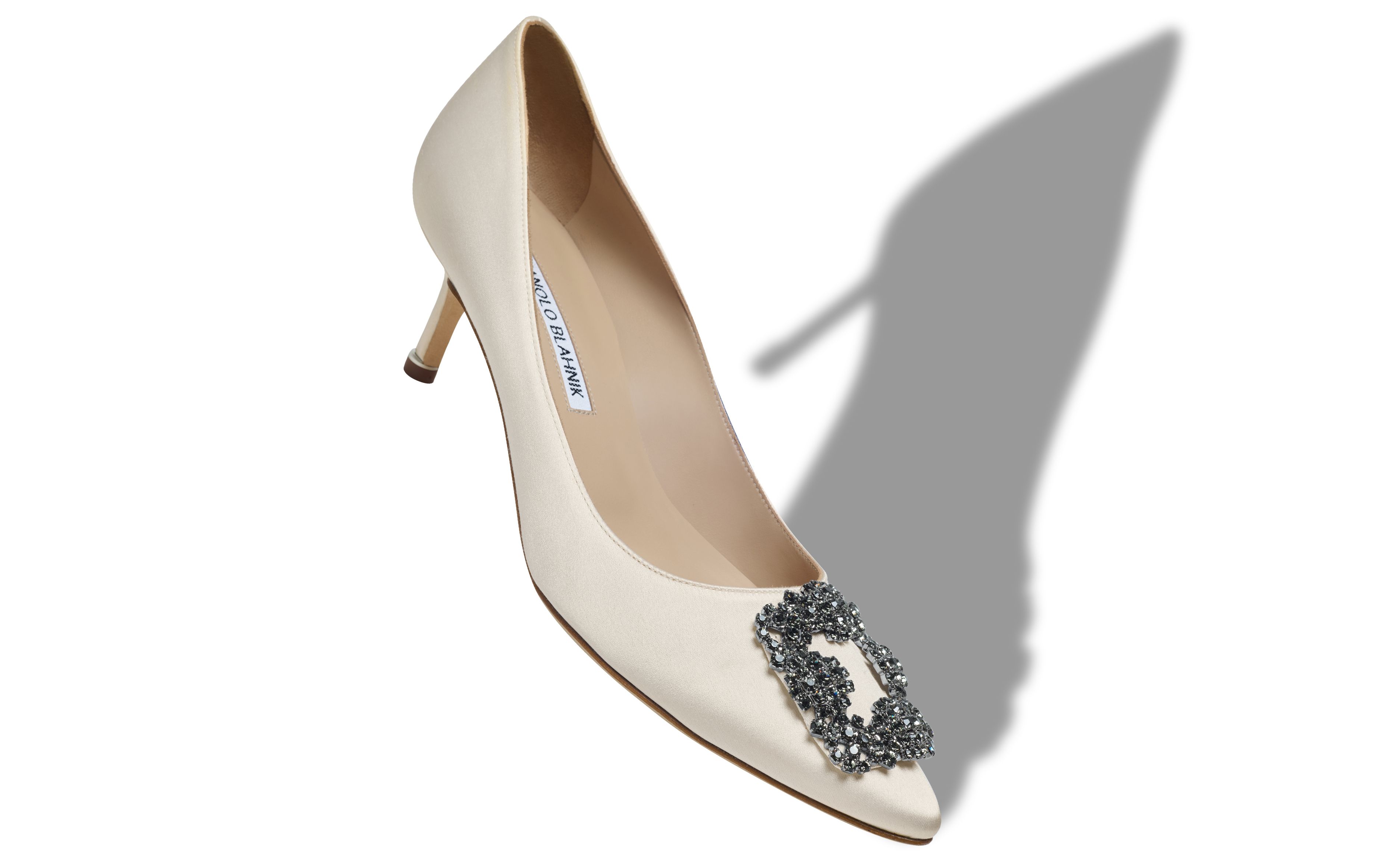 Designer White Satin Jewel Buckle Pumps - Image Main View