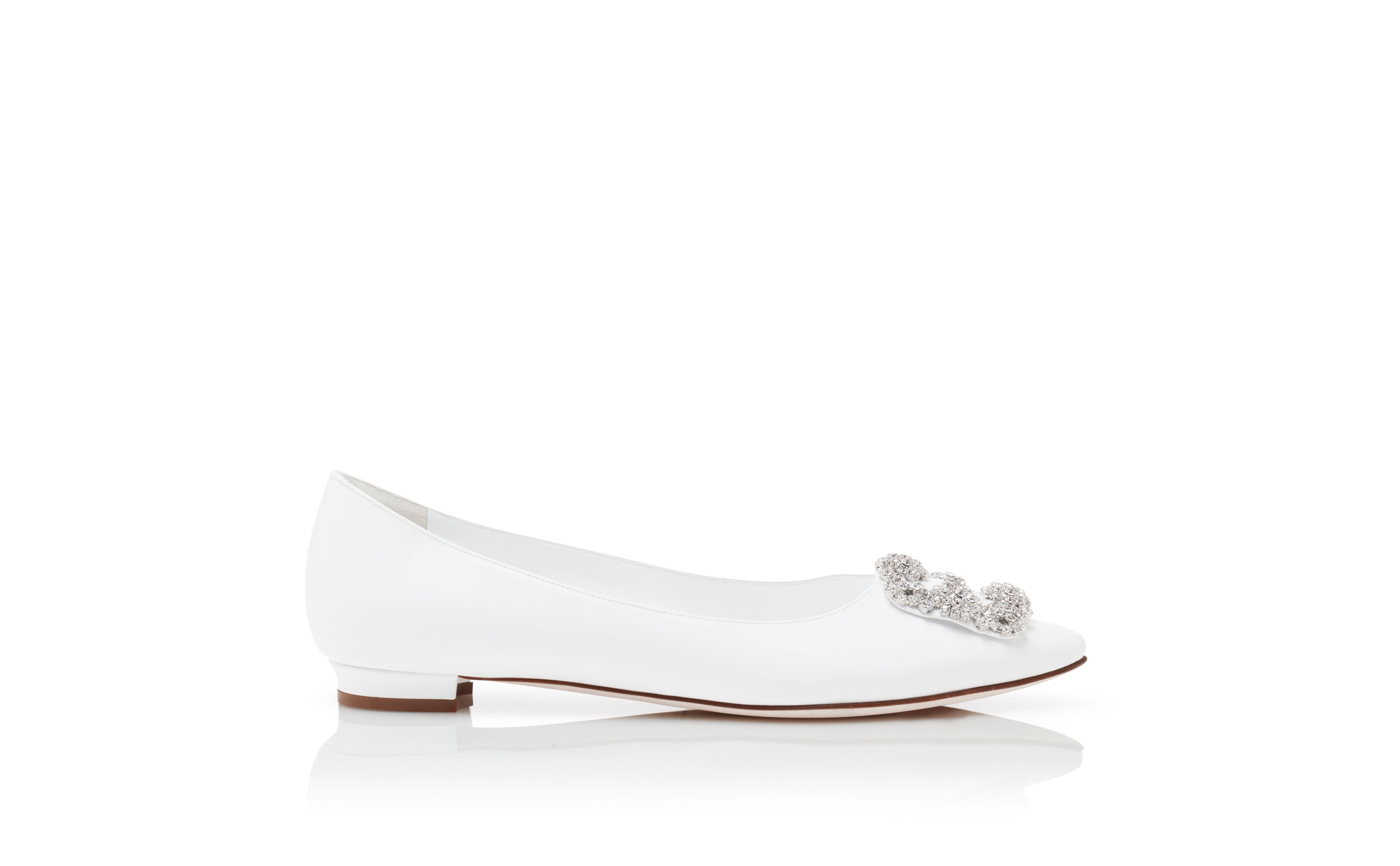 Designer White Calf Leather Jewel Buckle Flat Pumps - Image thumbnail