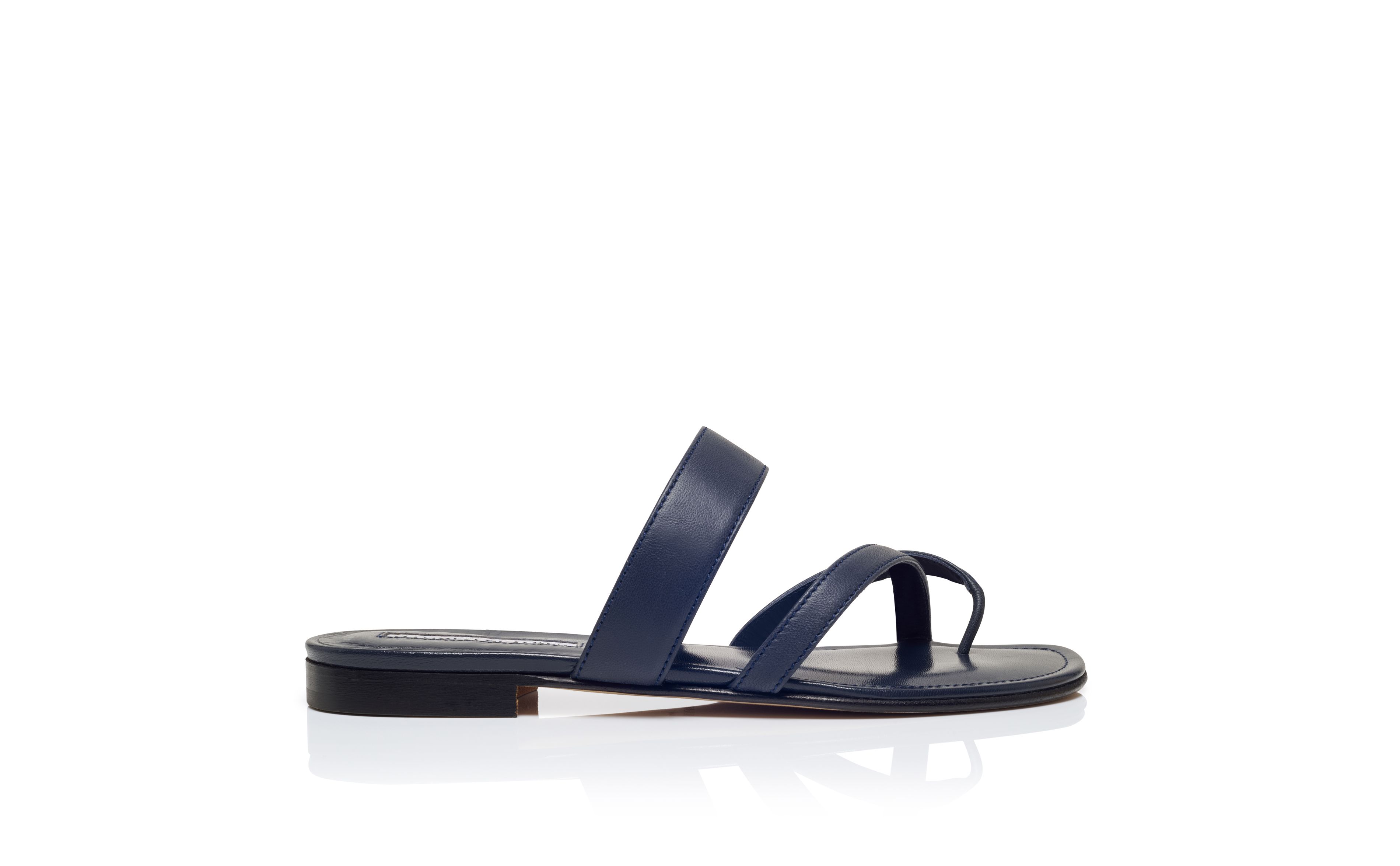 Designer Navy Nappa Leather Flat Sandals - Image Side View