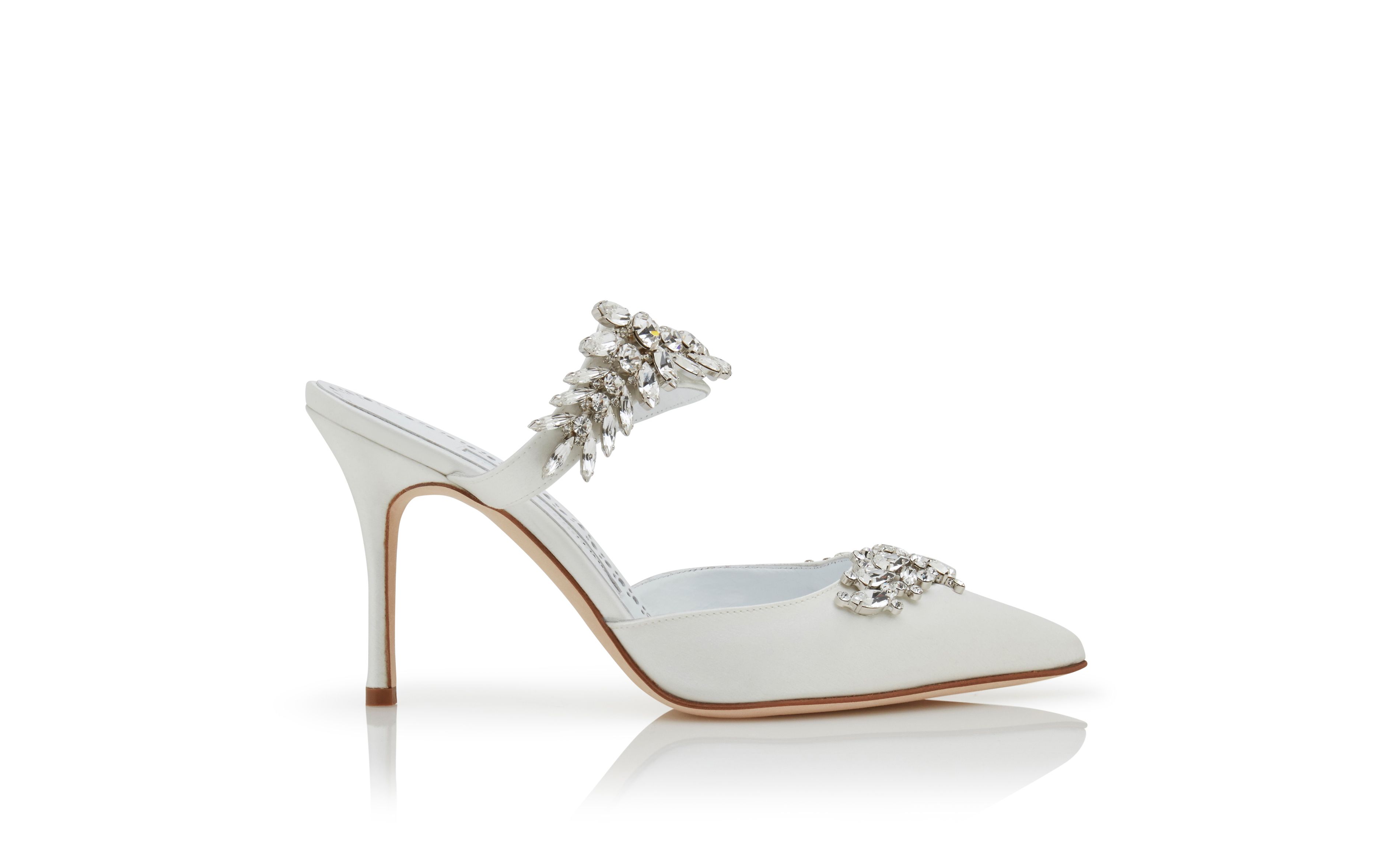 Designer White Satin Crystal Embellished Mules - Image Side View