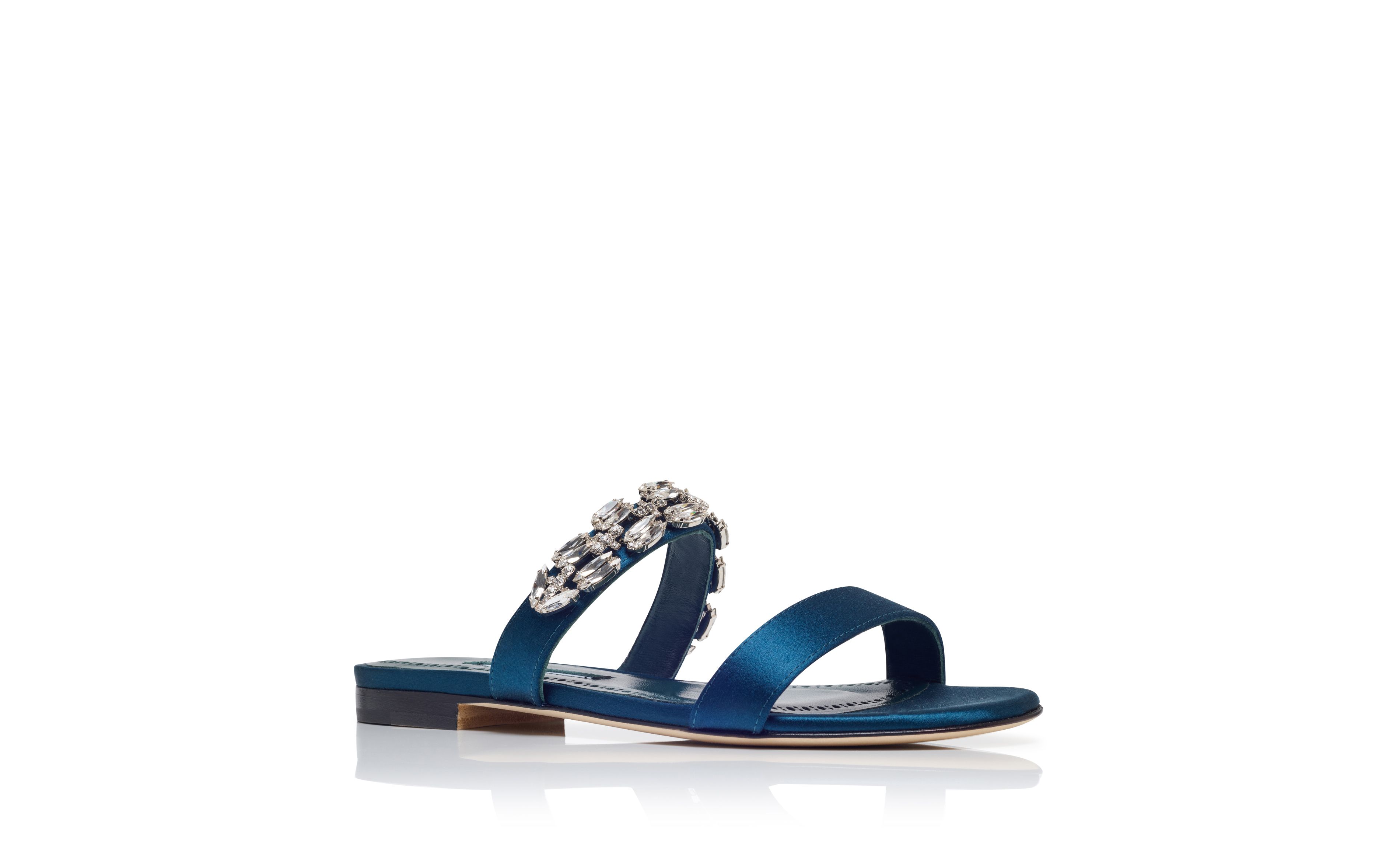 Designer Navy Blue Satin Embellished Flat Sandals  - Image Upsell View