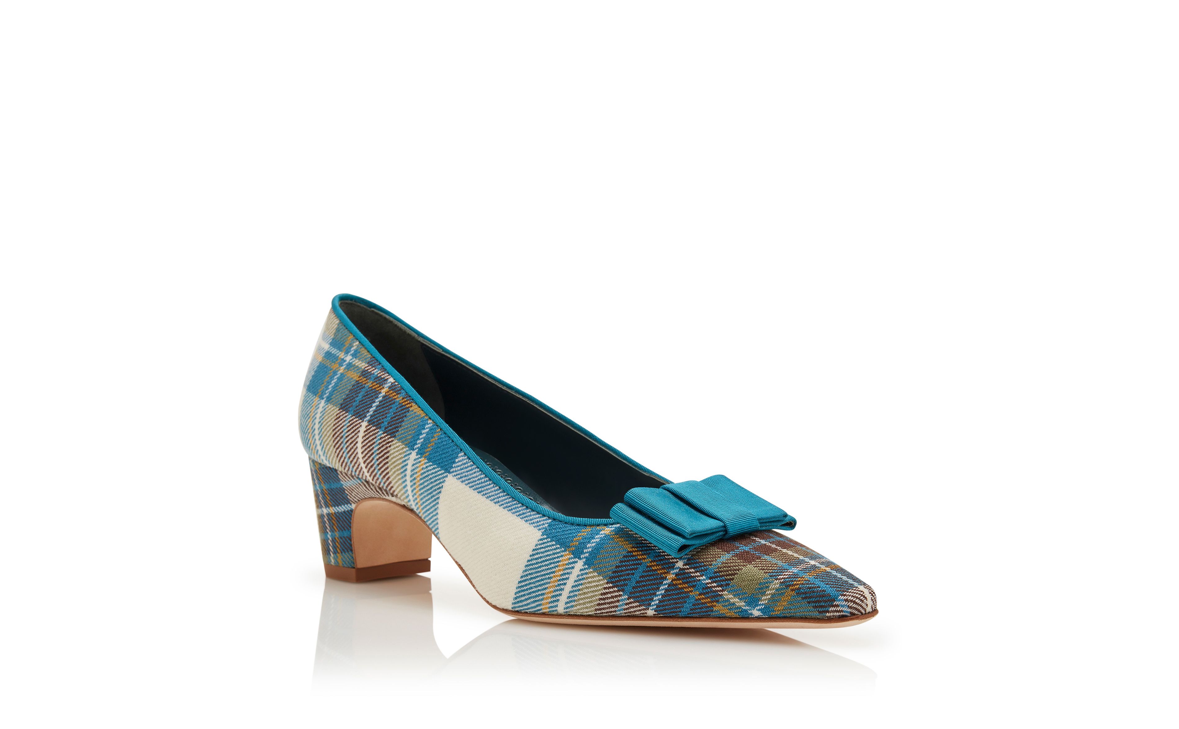 Designer Blue Wool Tartan Bow Detail Pumps - Image Upsell View