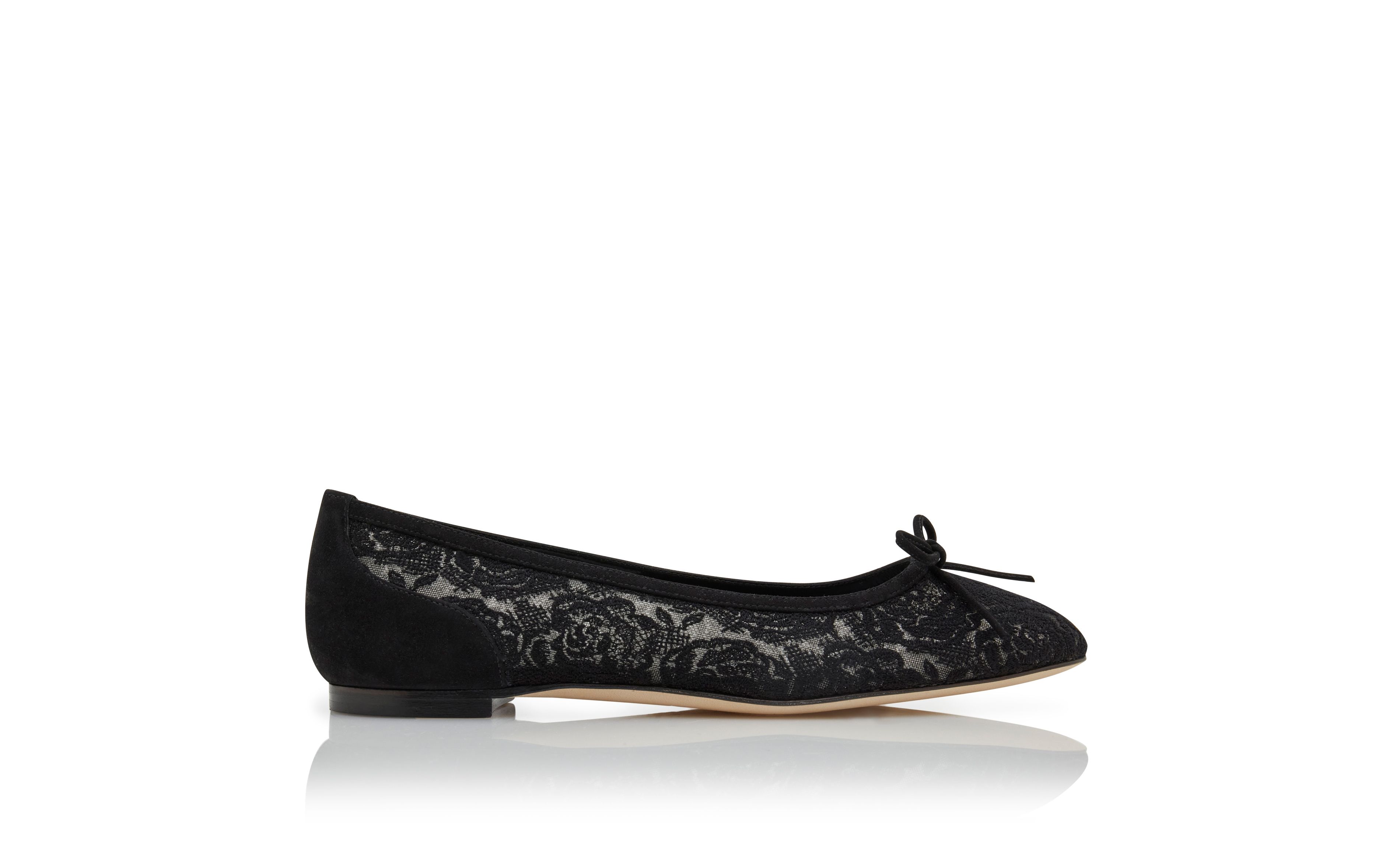 Designer Black Lace Pointed Toe Flat Pumps - Image Side View