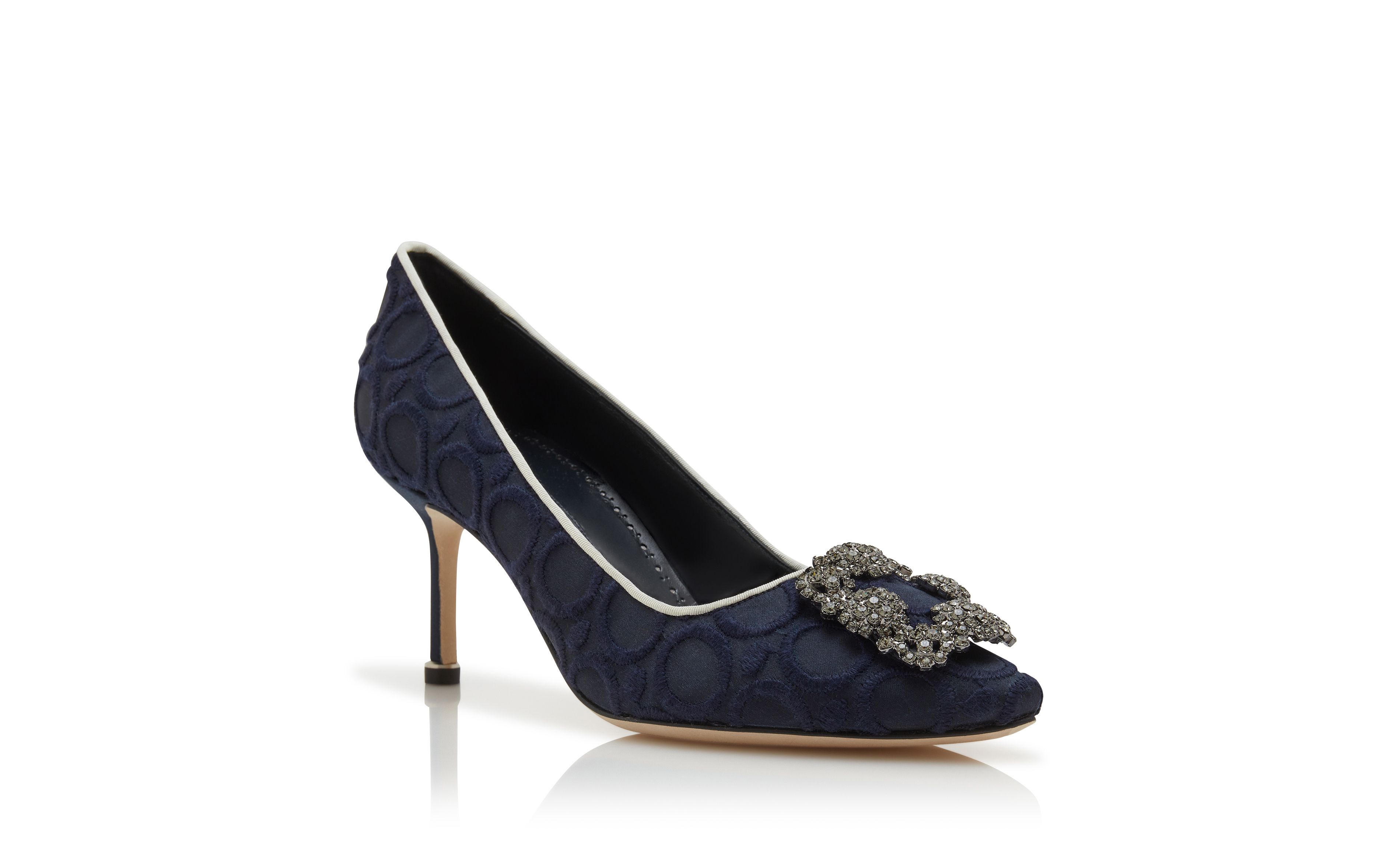 Designer Navy Blue Silk Jewel Buckle Pumps - Image Upsell View