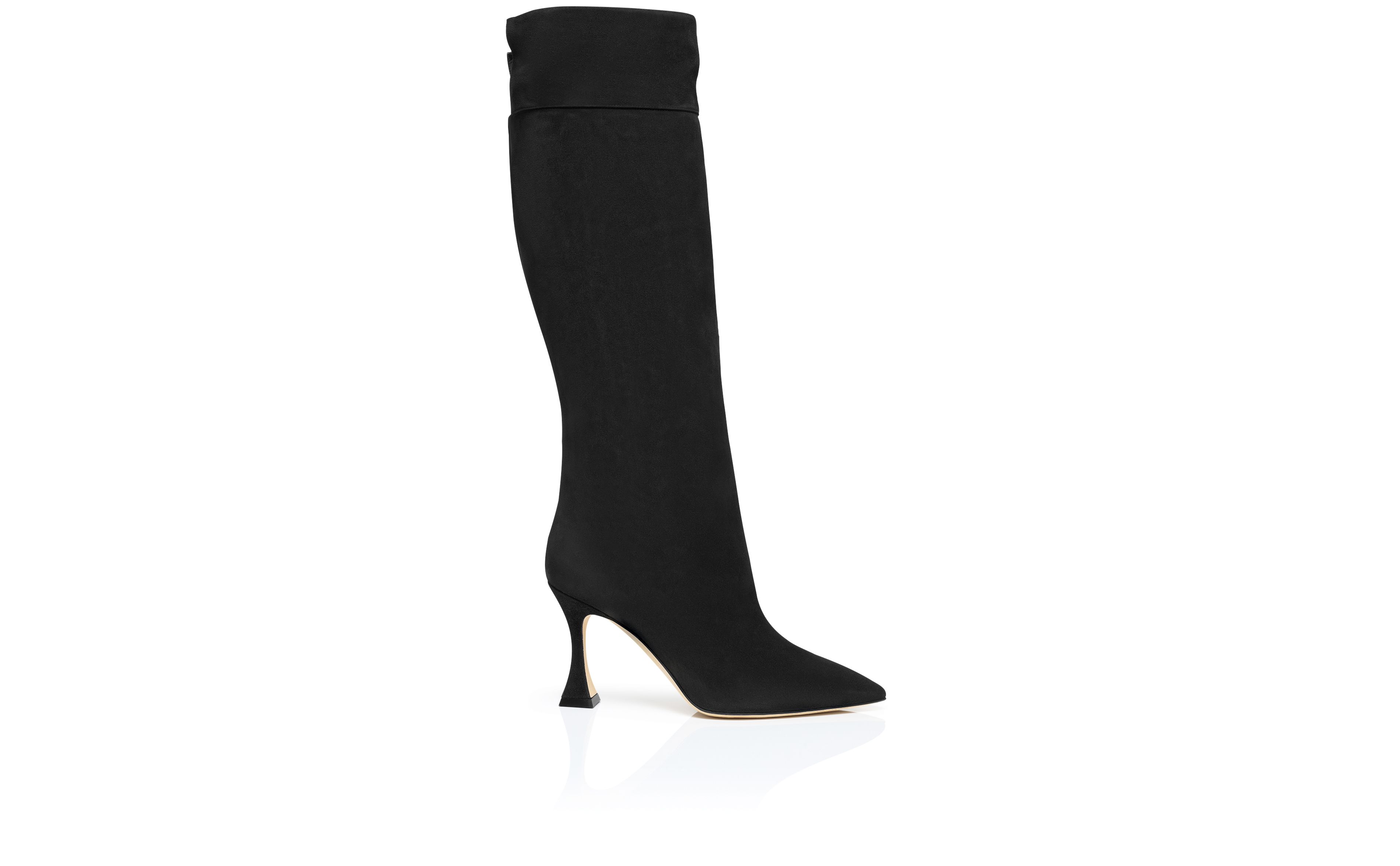 Designer Black Suede Knee High Boots  - Image Side View