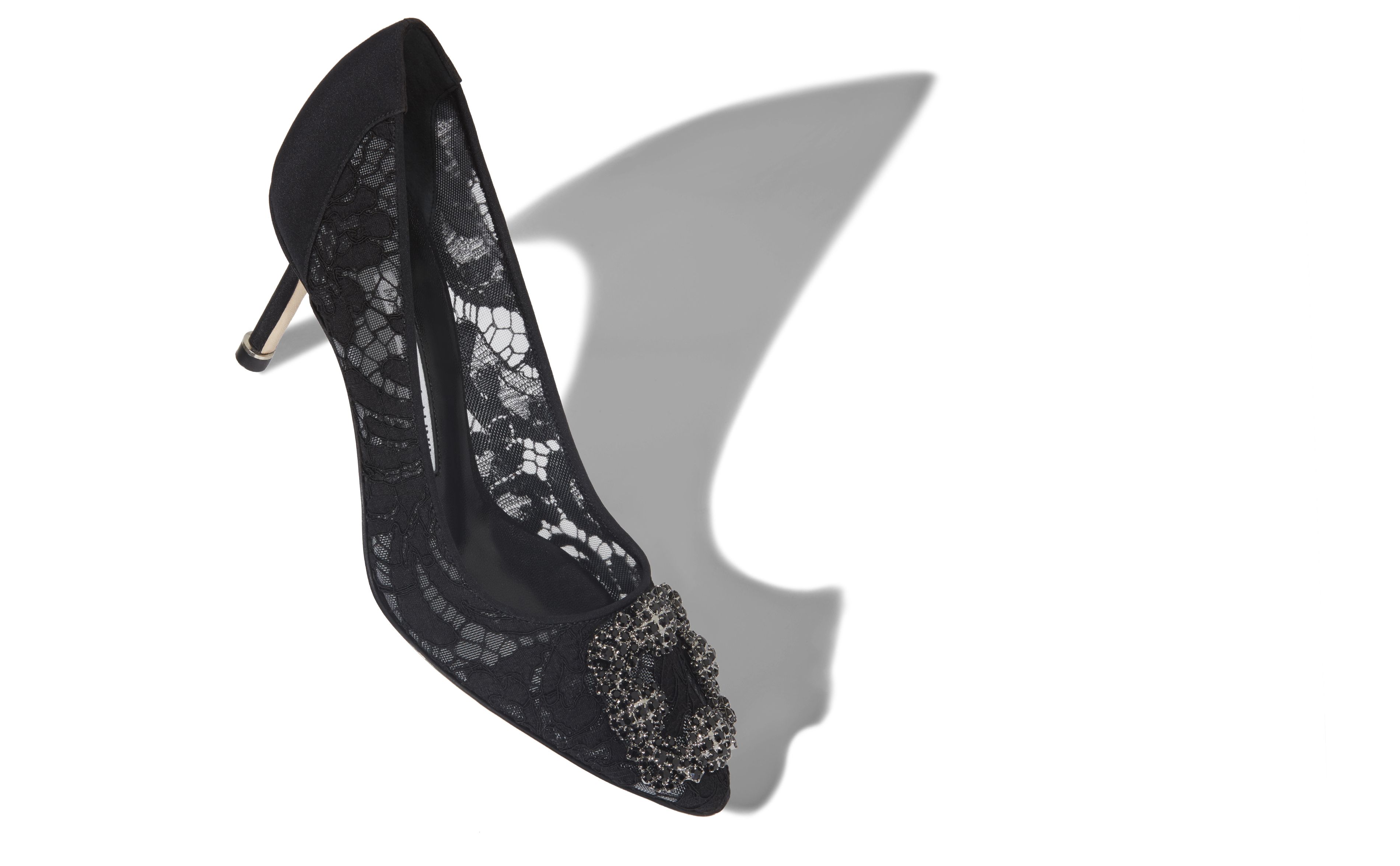 Designer Black Lace Jewel Buckle Pumps - Image Main