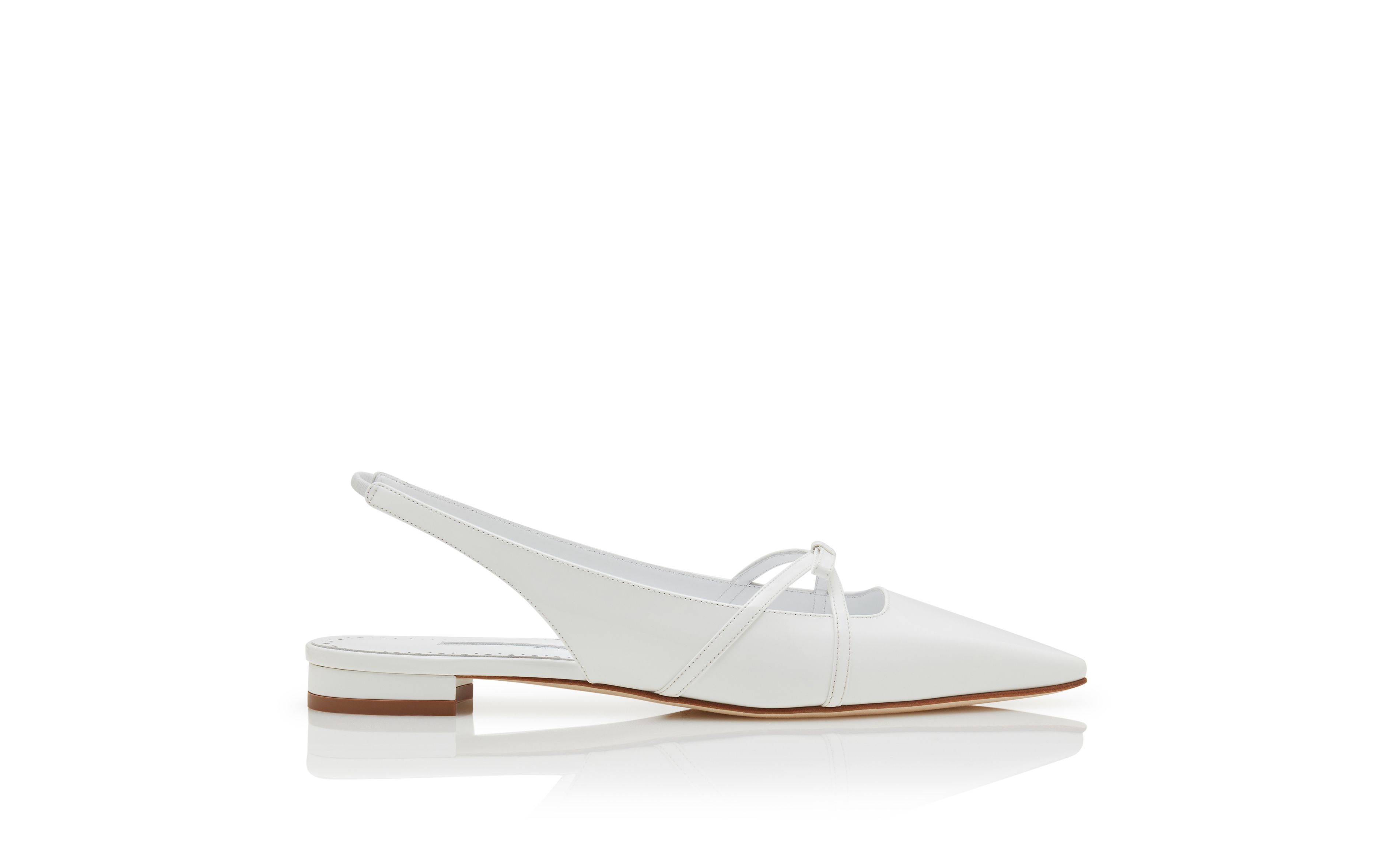Designer White Patent Leather Bow Detail Slingback Flat Pumps - Image Side View