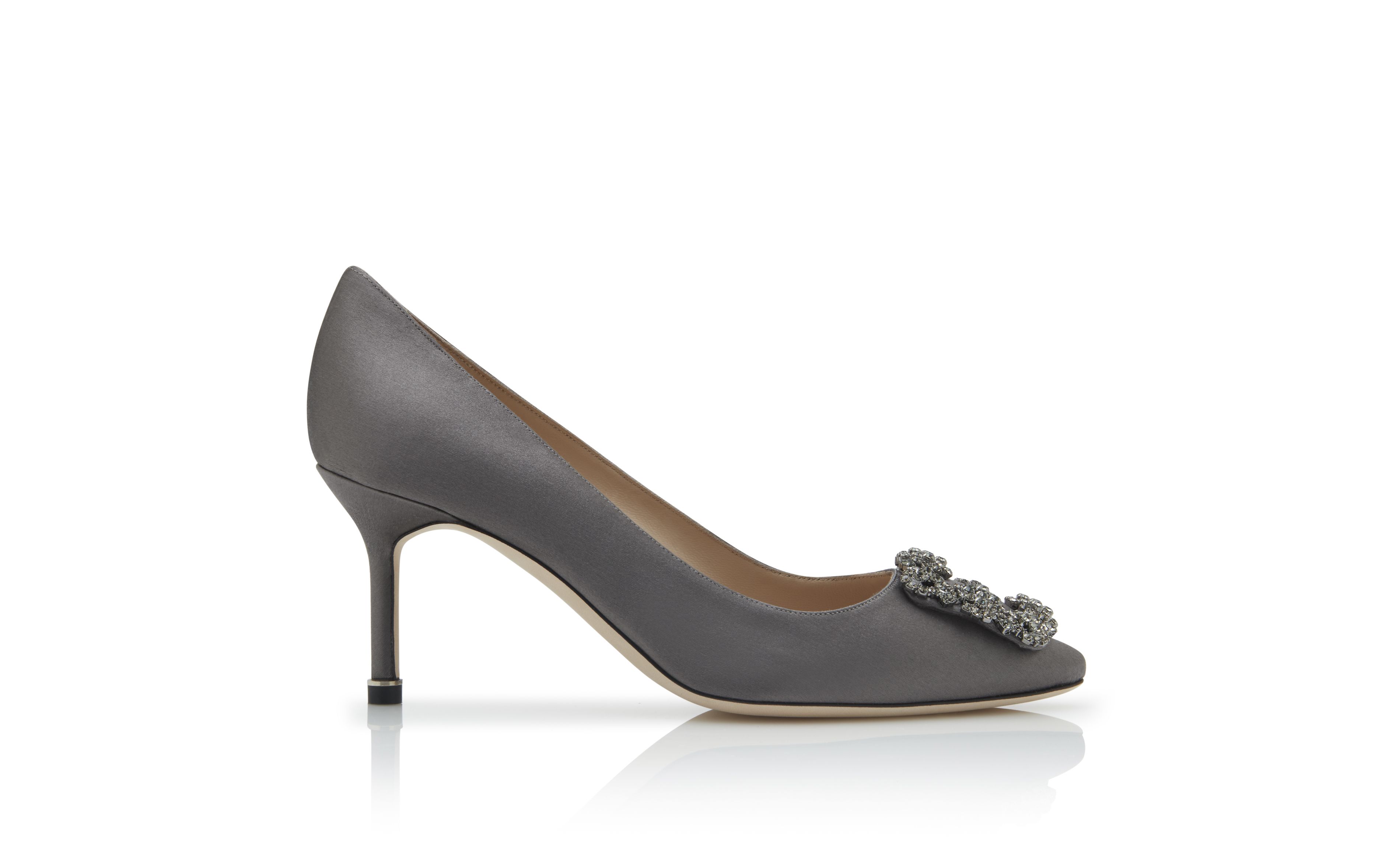 Designer Dark Grey Satin Jewel Buckle Pumps - Image Side View