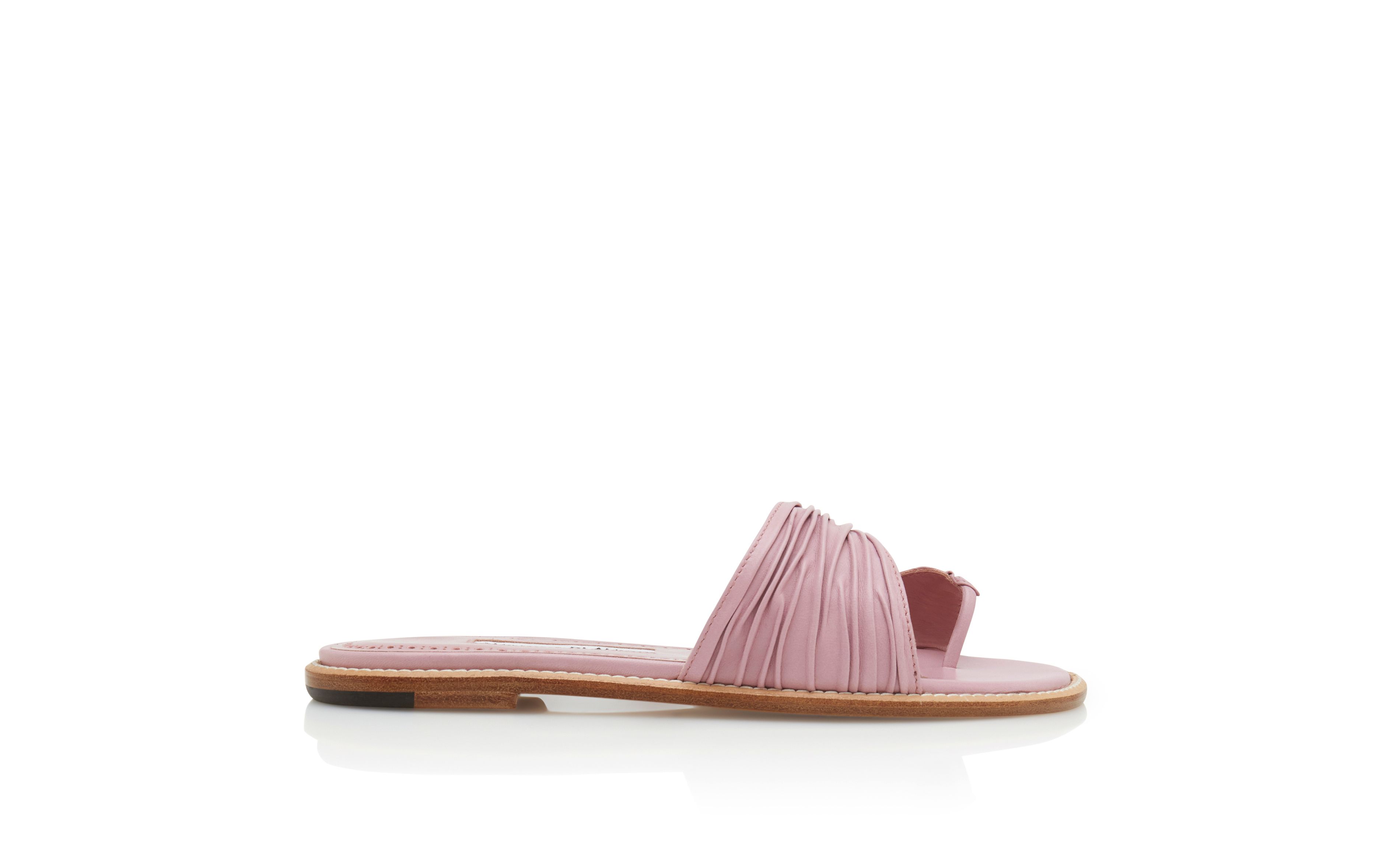 Designer Pink Nappa Leather Gathered Flat Sandals - Image Side View