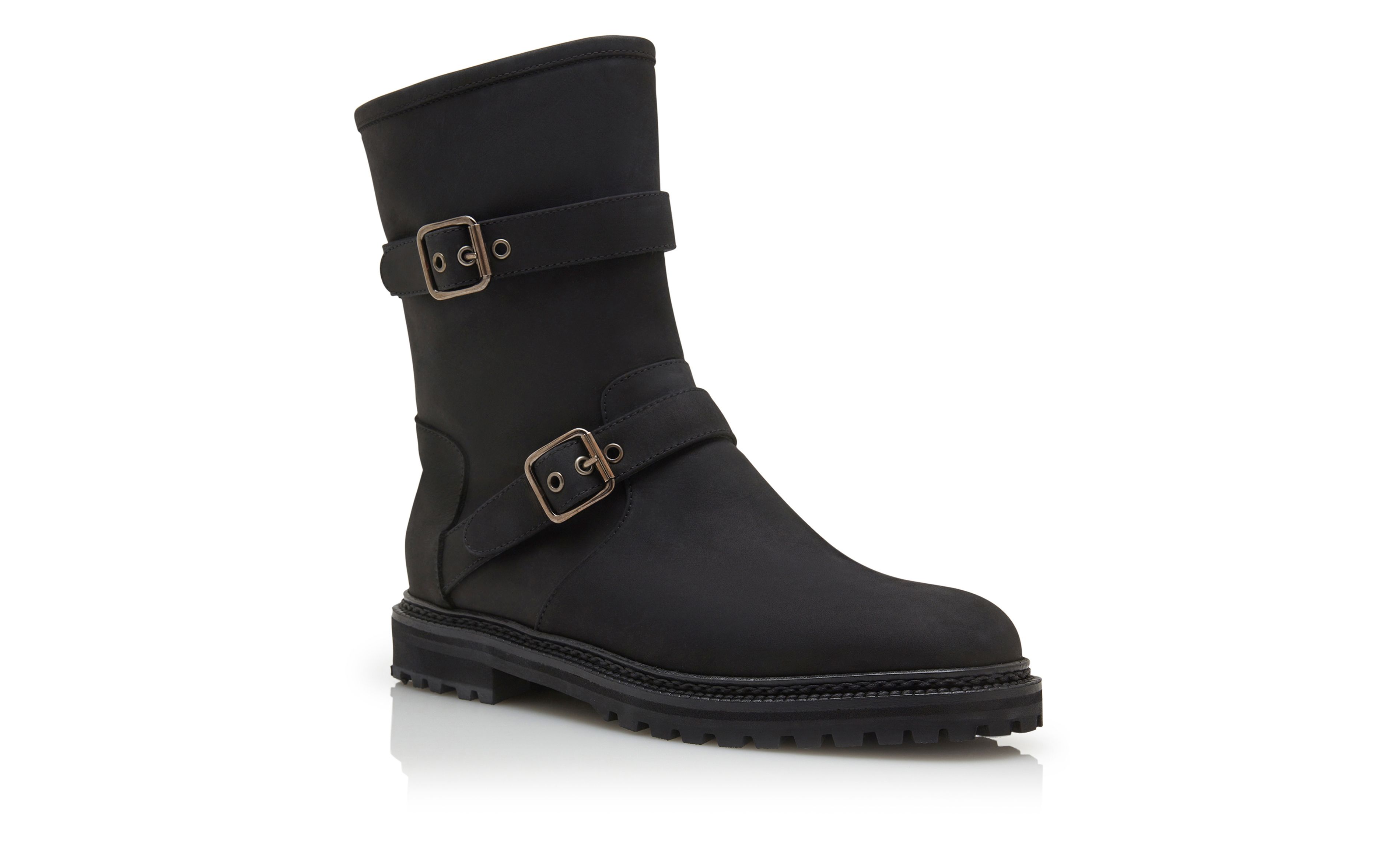 Designer Black Nubuck Dual Buckle Ankle Boots  - Image Upsell View