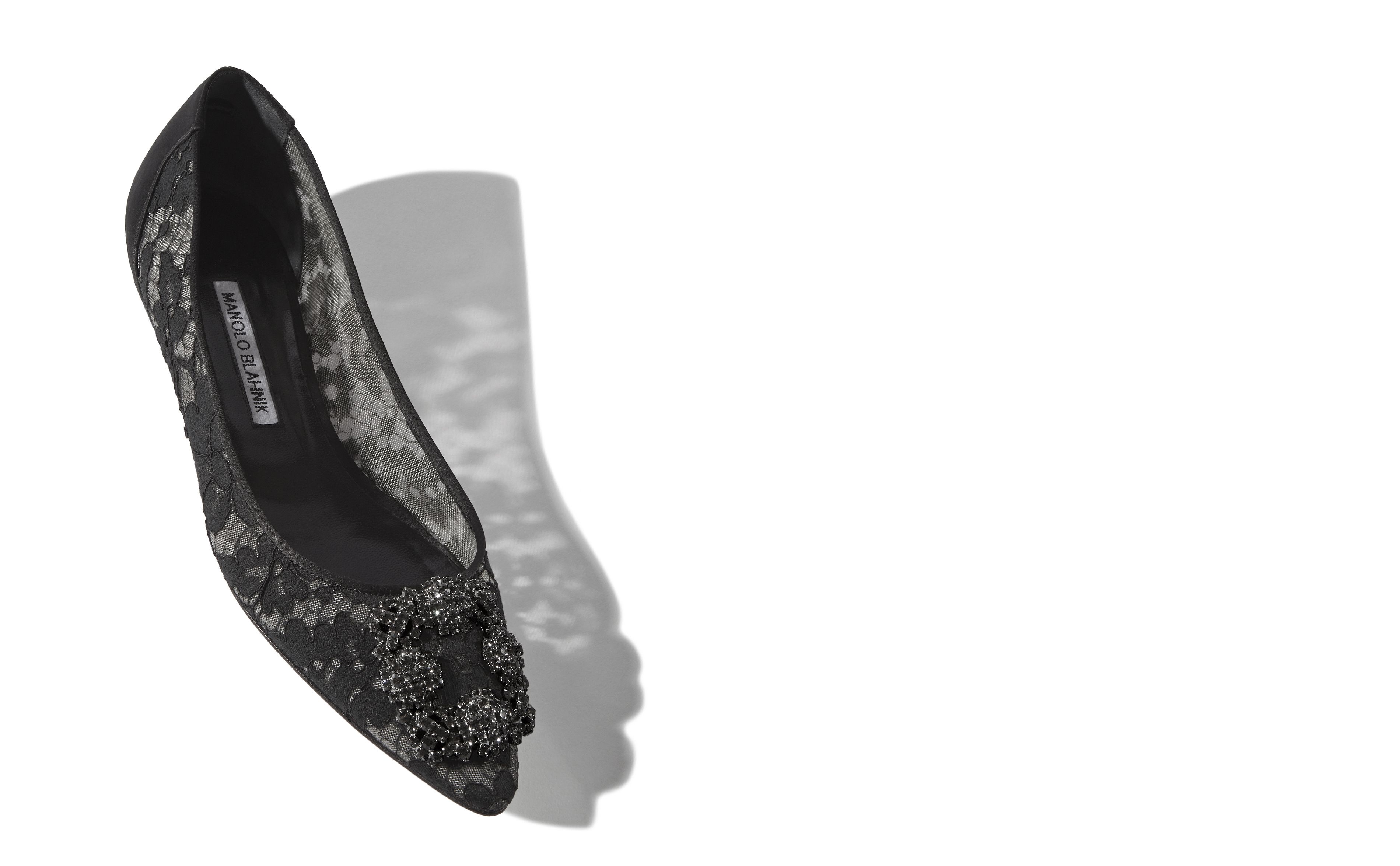 HANGISIFLAT LACE Black Lace Jewel Buckle Flats Manolo Blahnik