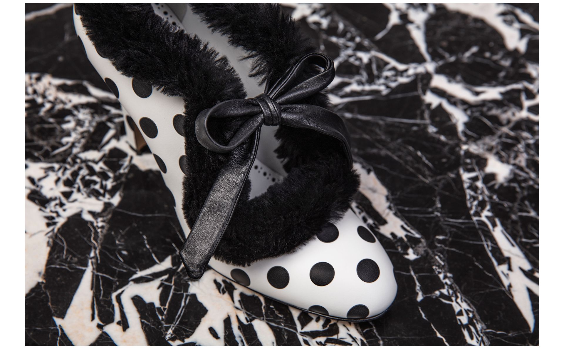 Designer Monochrome Crepe De Chine Polka Dot Pumps  - Image 