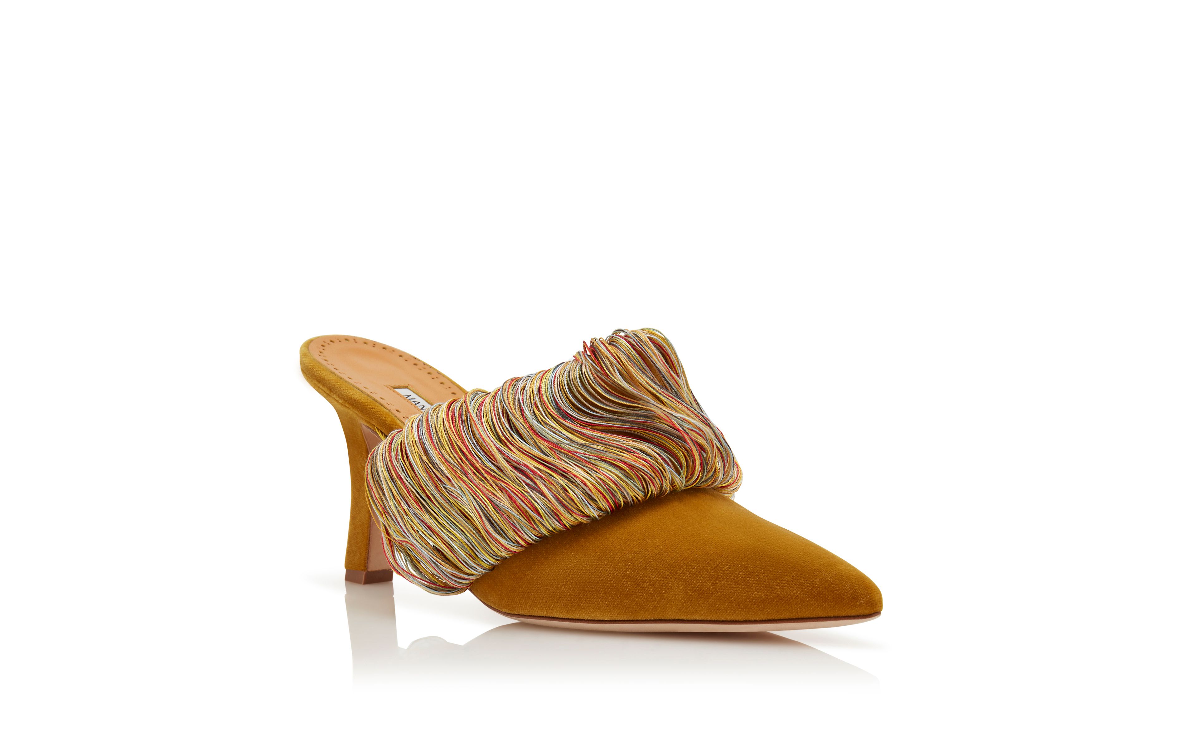 Designer Gold Velvet Fringe Detail Mules - Image Upsell View