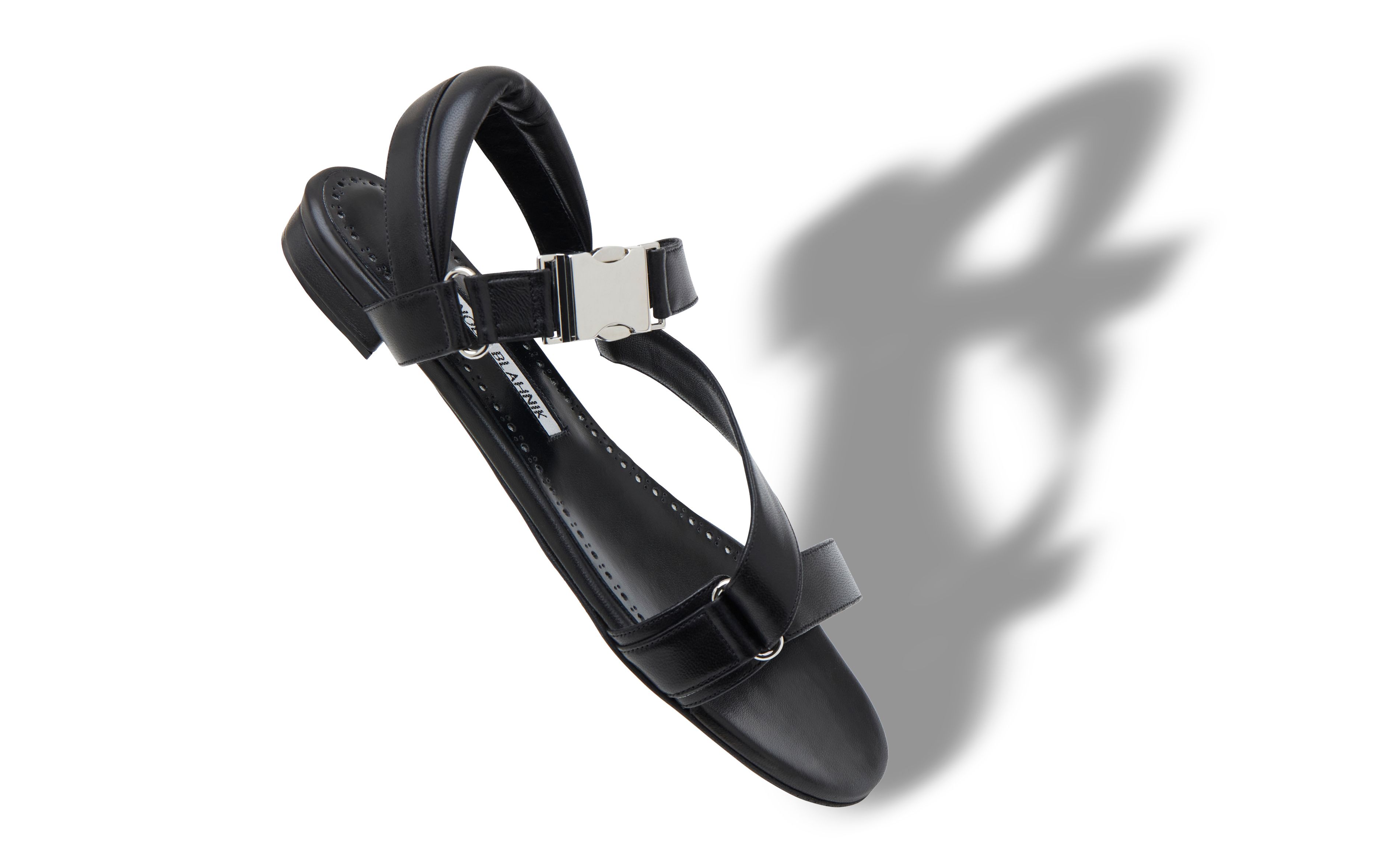 Designer Black Nappa Leather Buckle Detail Flat Sandals  - Image Main