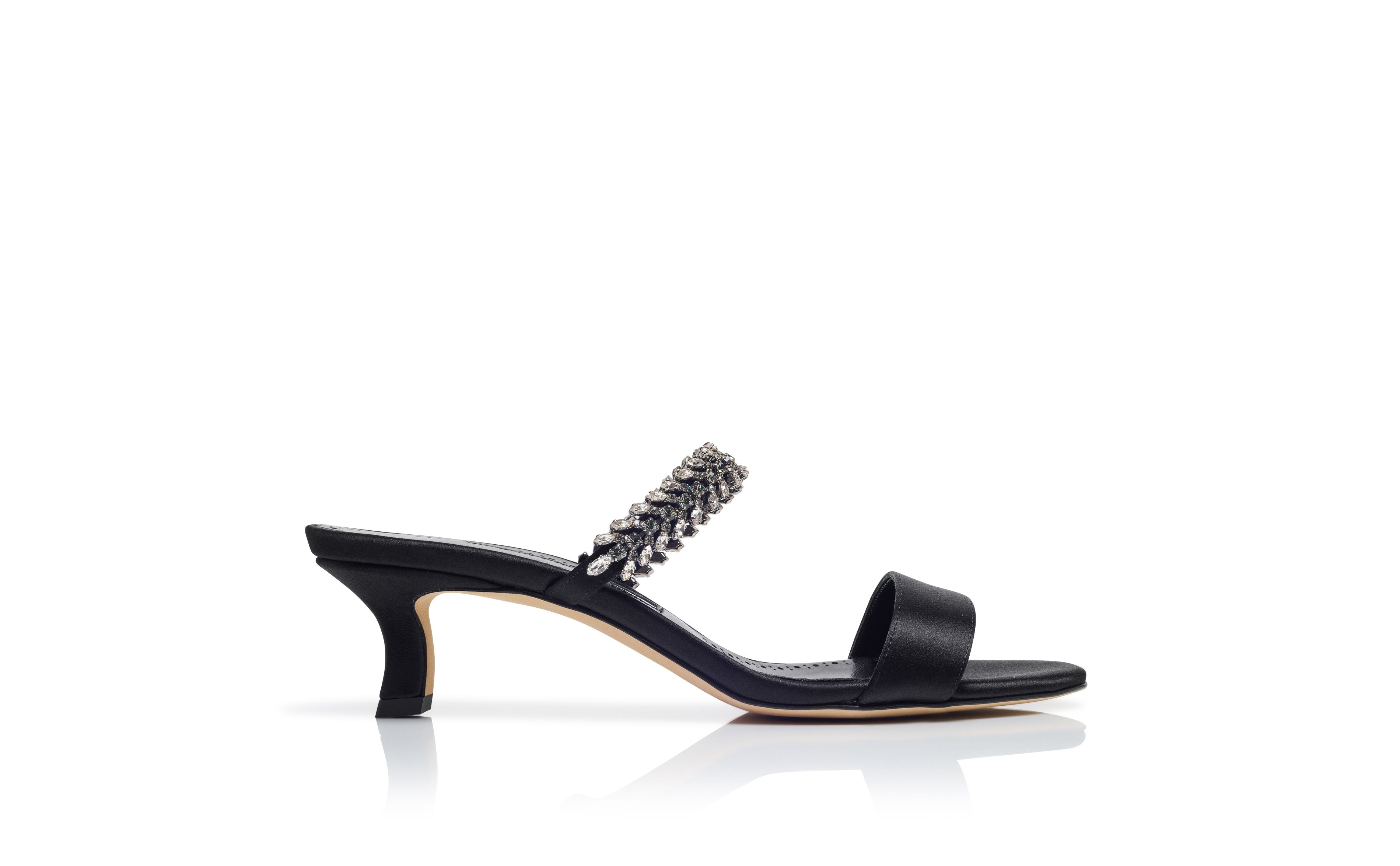 Designer Black Satin Jewel Embellished Mules - Image Side View