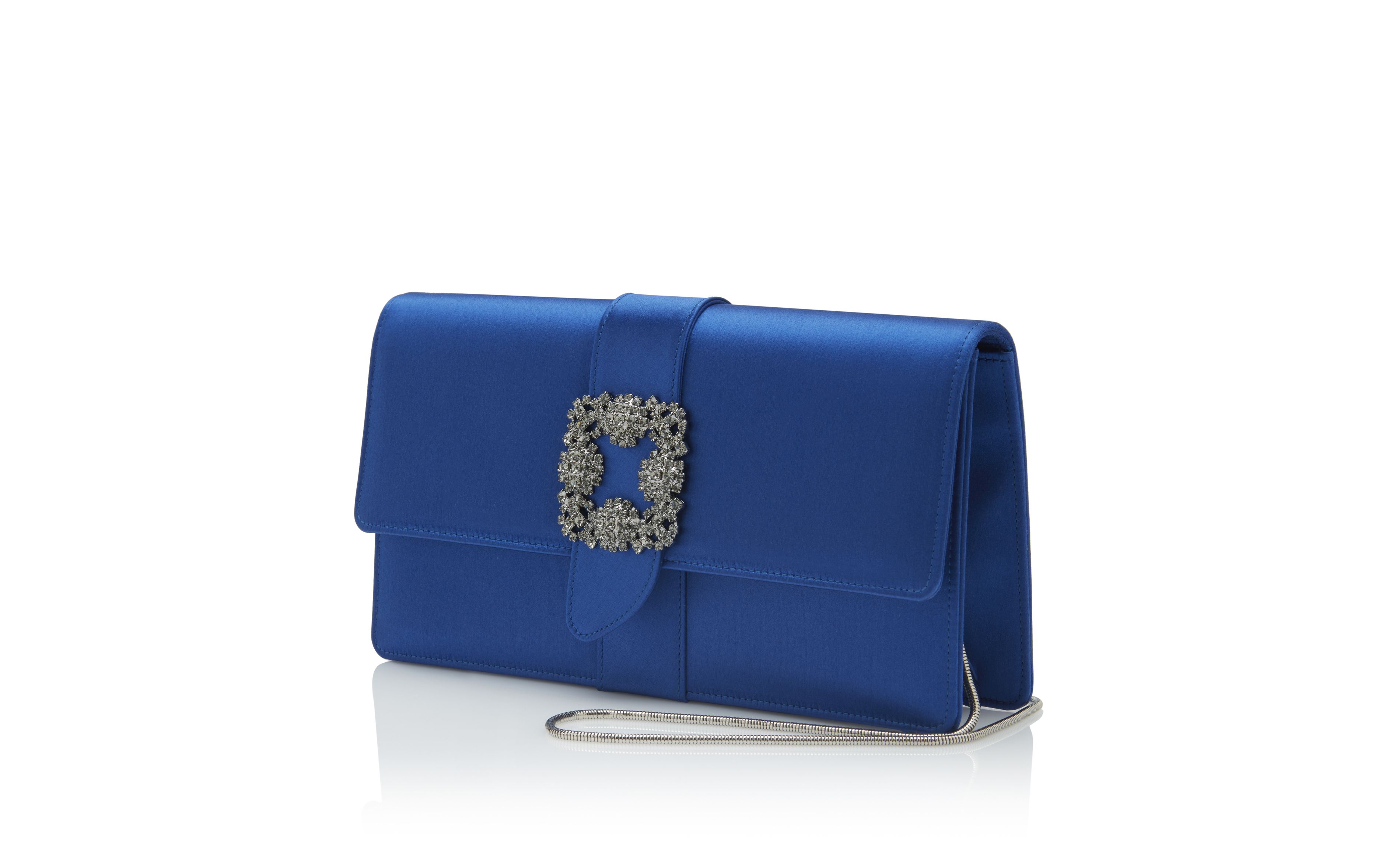 Designer Blue Satin Jewel Buckle Clutch - Image 