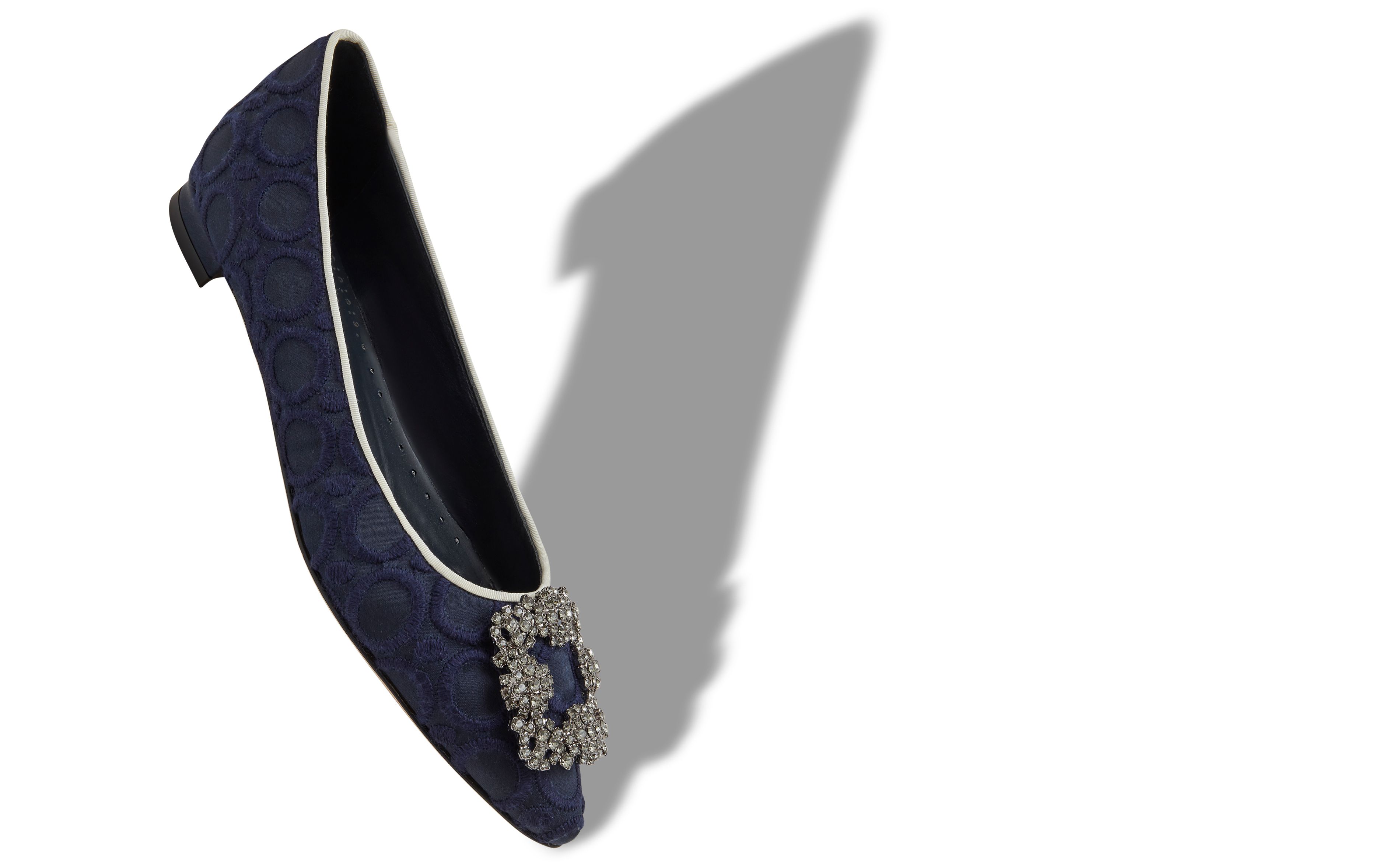 Designer Navy Blue Silk Jewel Buckle Flat Pumps - Image Main View
