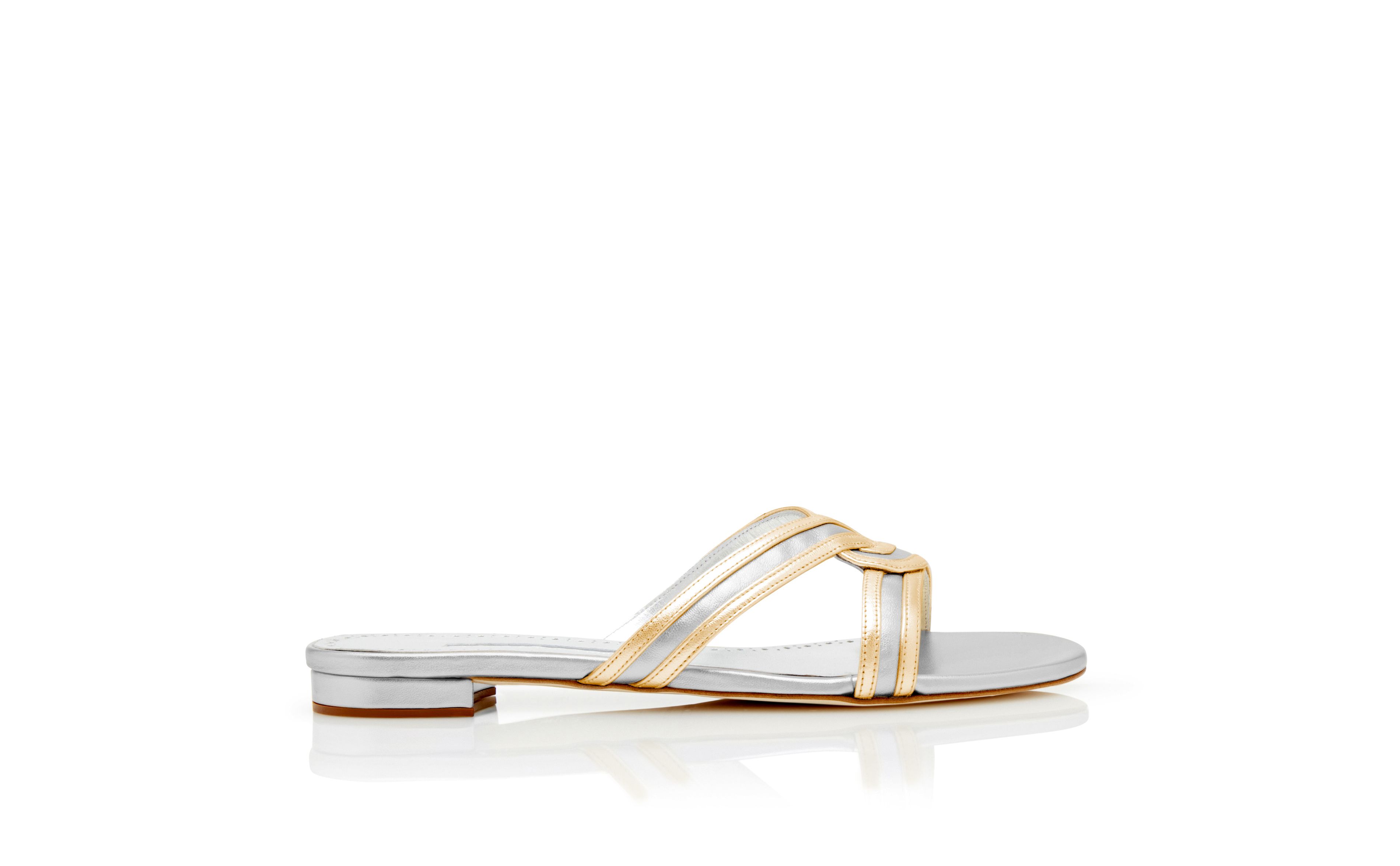 Designer Silver and Gold Nappa Leather Flat Sandals - Image Side View