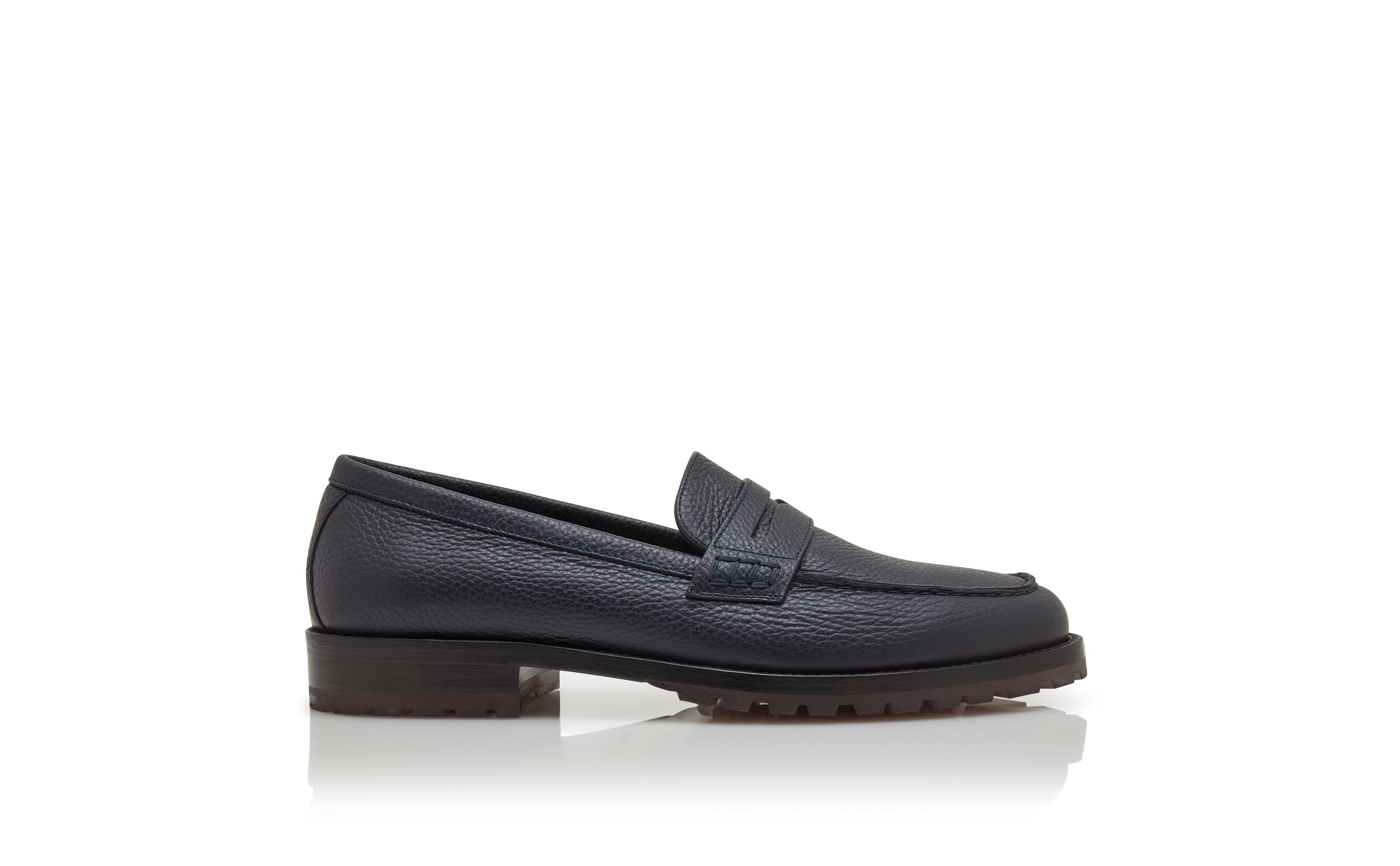 Designer Navy Blue Calf Leather Penny Loafers - Image Side View