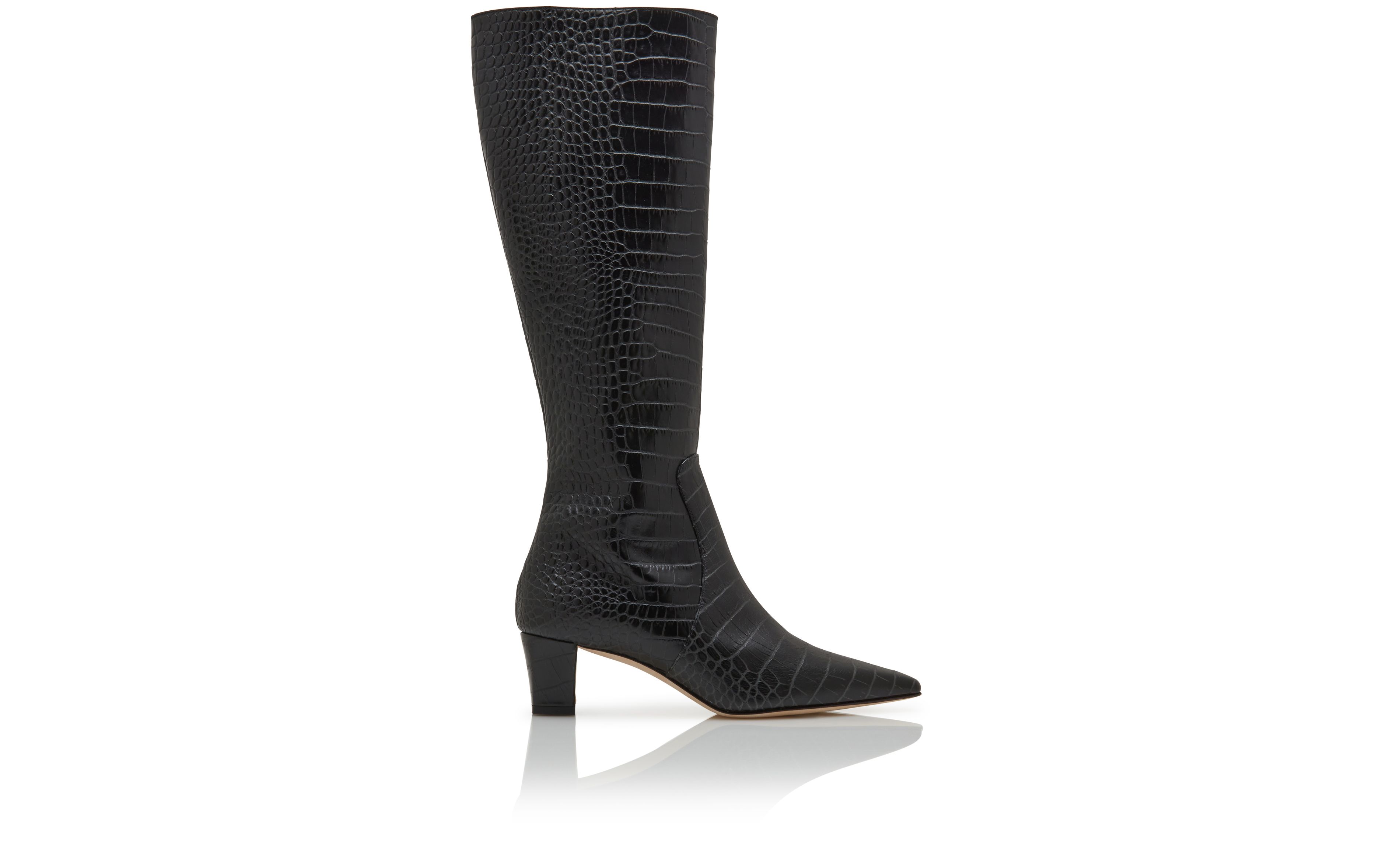 Designer Black Calf Leather Knee High Boots  - Image Side View