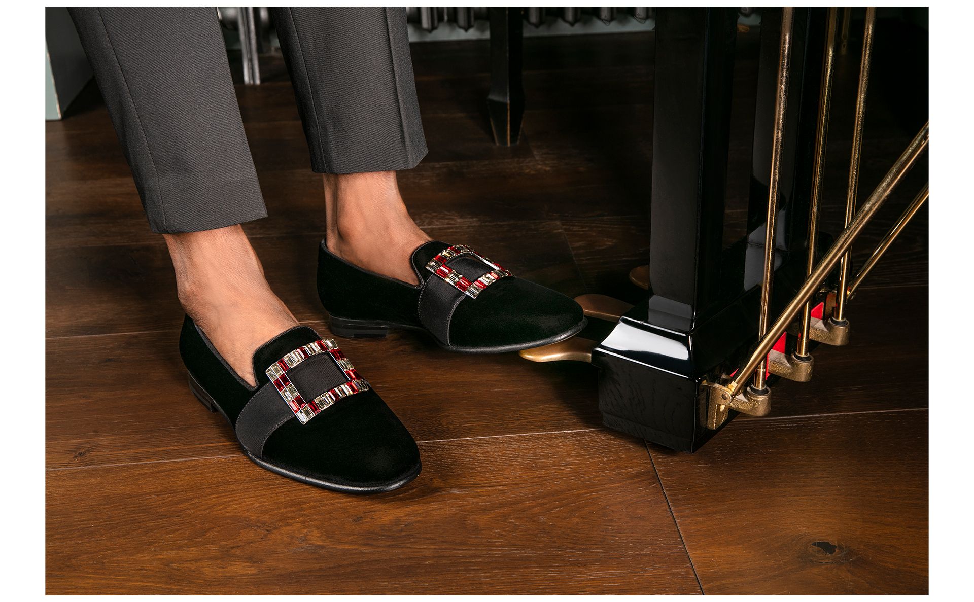 Designer Black Velvet Jewel Buckle Loafers  - Image 
