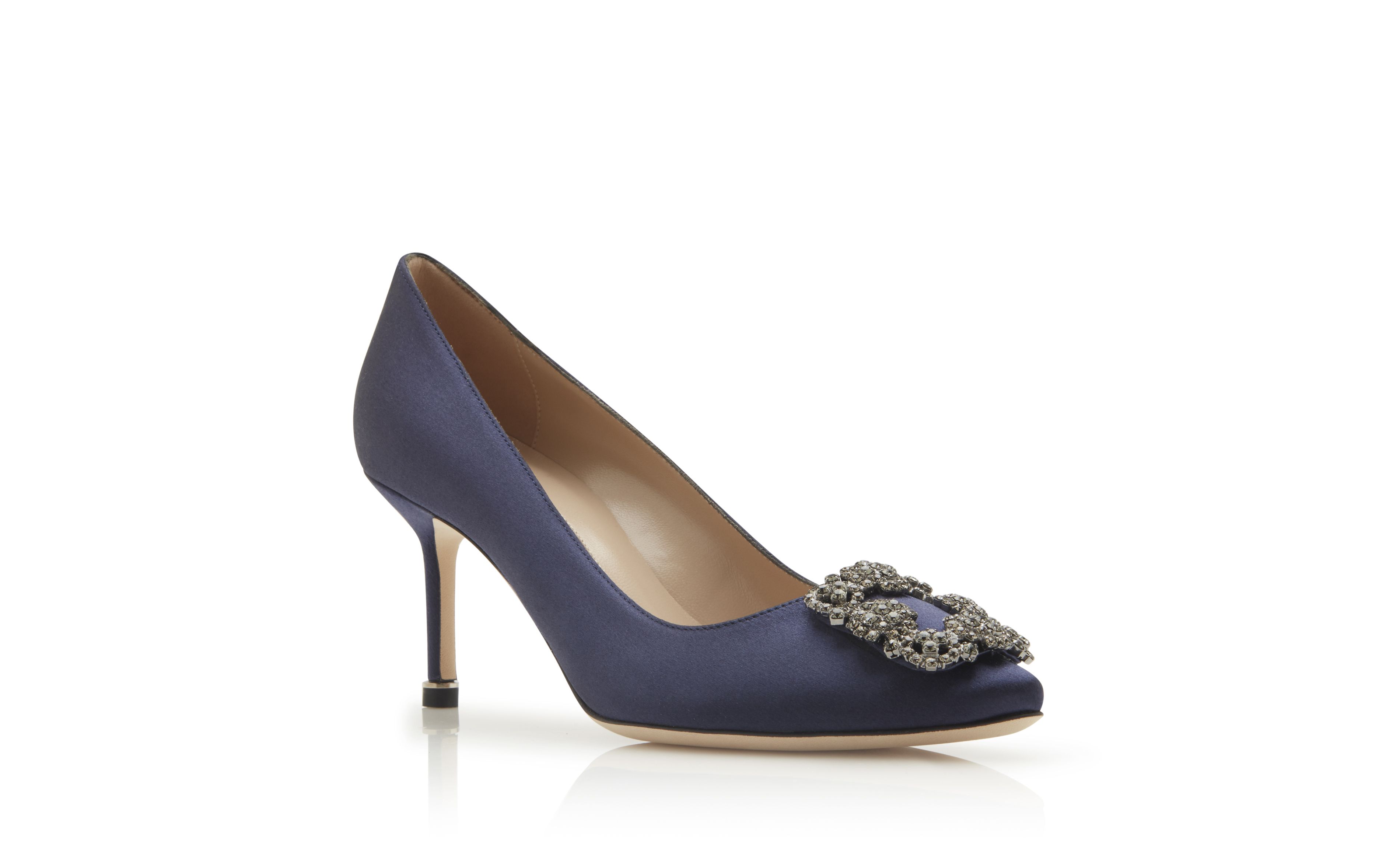 Designer Navy Blue Satin Jewel Buckle Pumps - Image Upsell