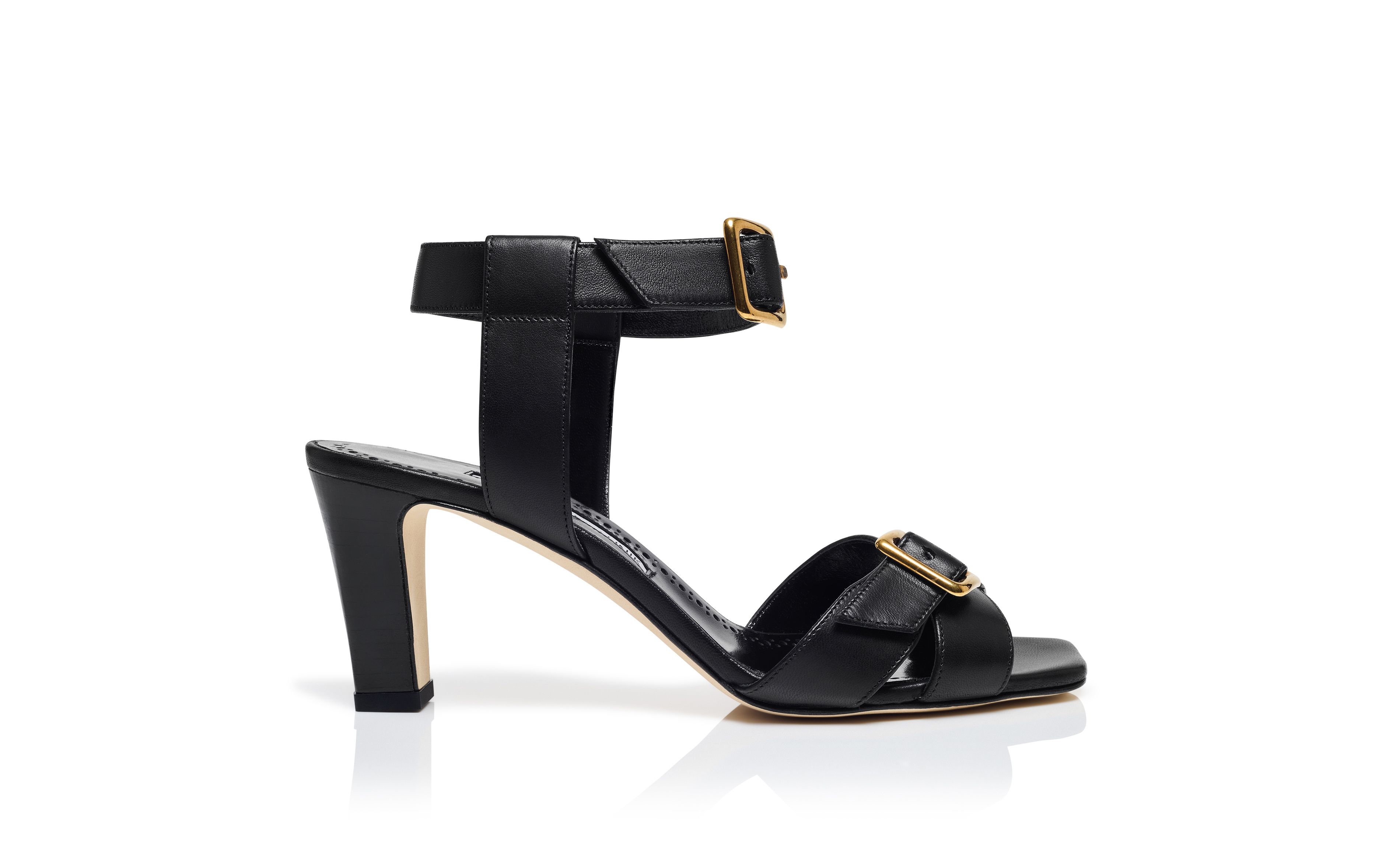 Designer Black Nappa Leather Ankle Strap Sandals - Image Side View