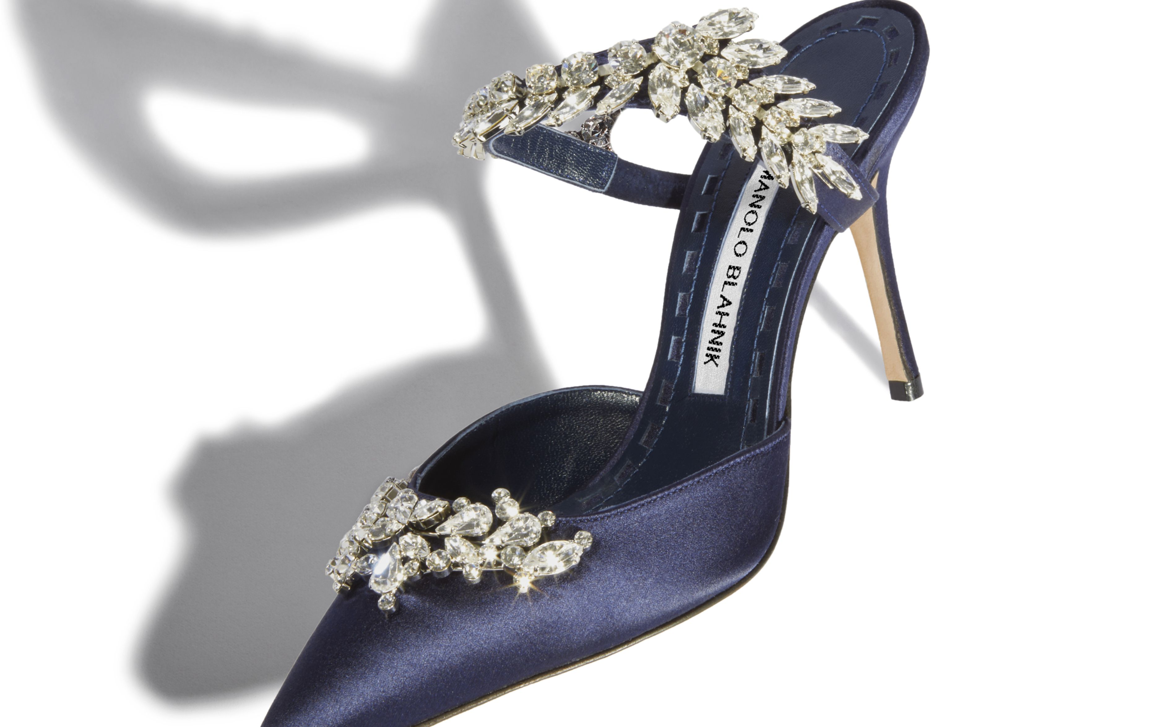 Lurum Navy Satin Crystal Embellished Mules Manolo Blahnik