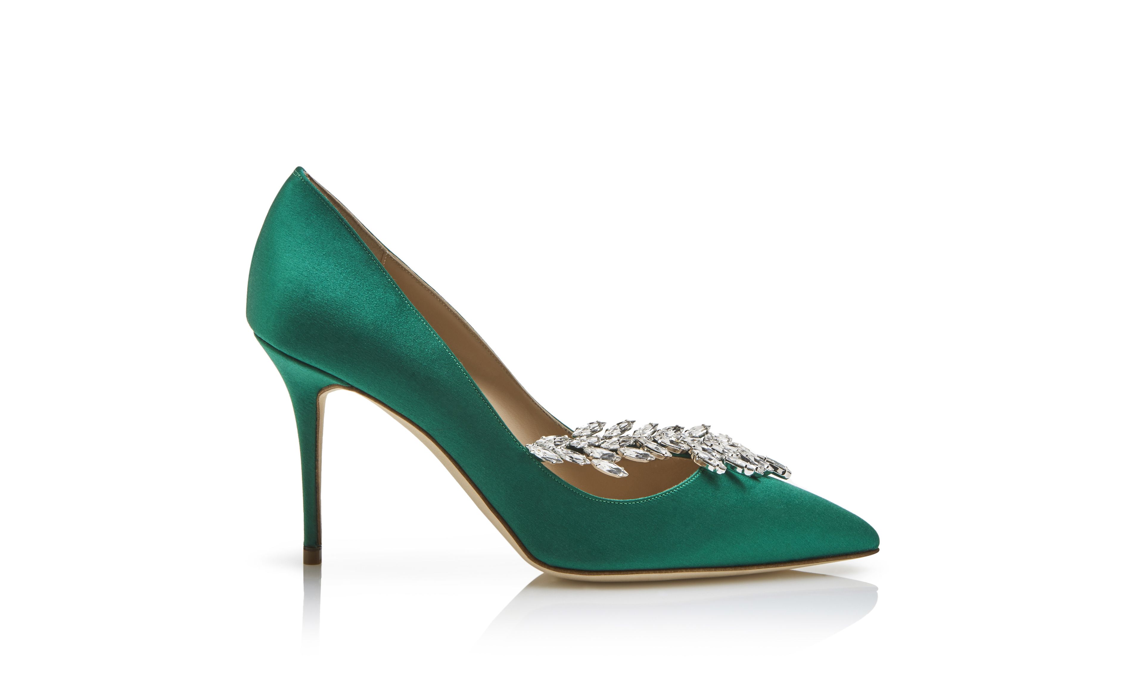 NADIRA | Green Satin Jewel Buckle Pumps | Manolo Blahnik